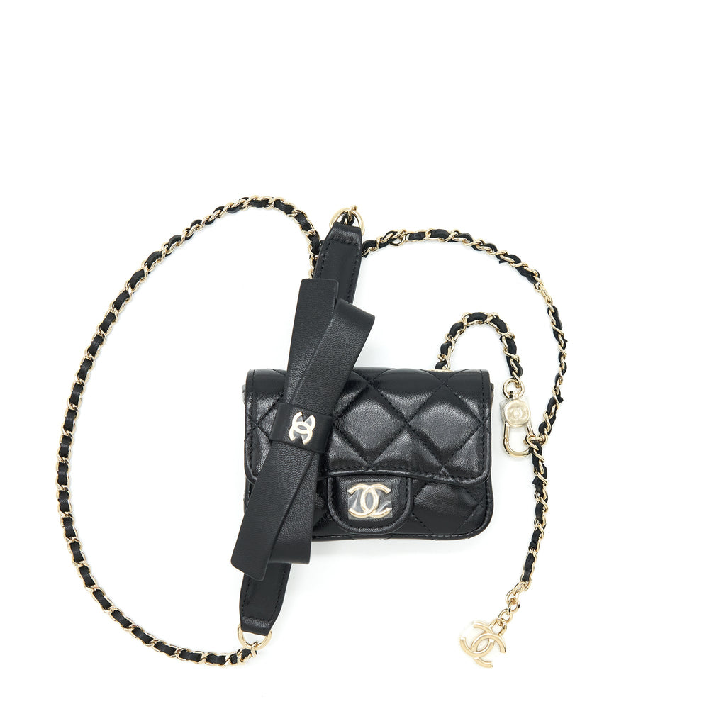 CHANEL MINI FLAP BELT BAG WITH RIBBON LAMBSKIN BLACK LGHW