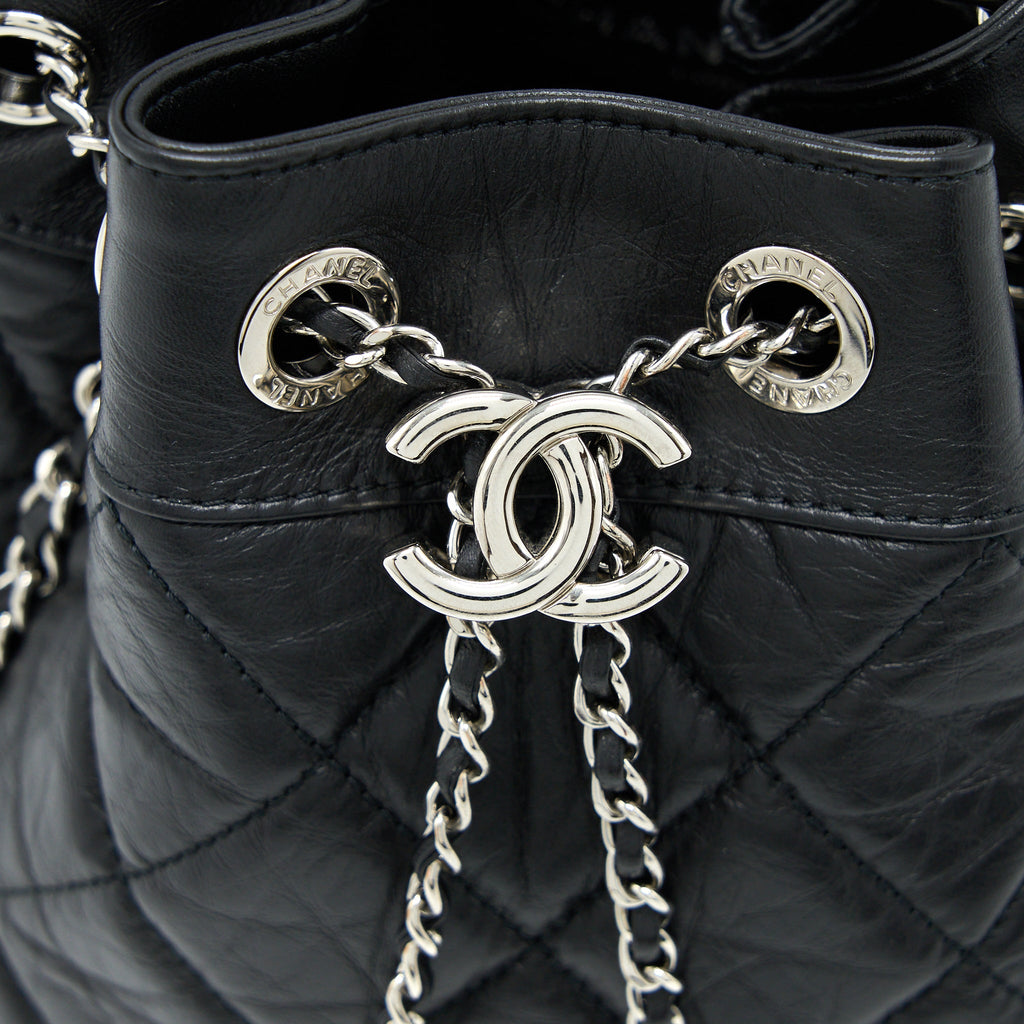 CHANEL 20S DRAWSTRING BUCKET BAG AGED CALFSKIN BLACK SHW