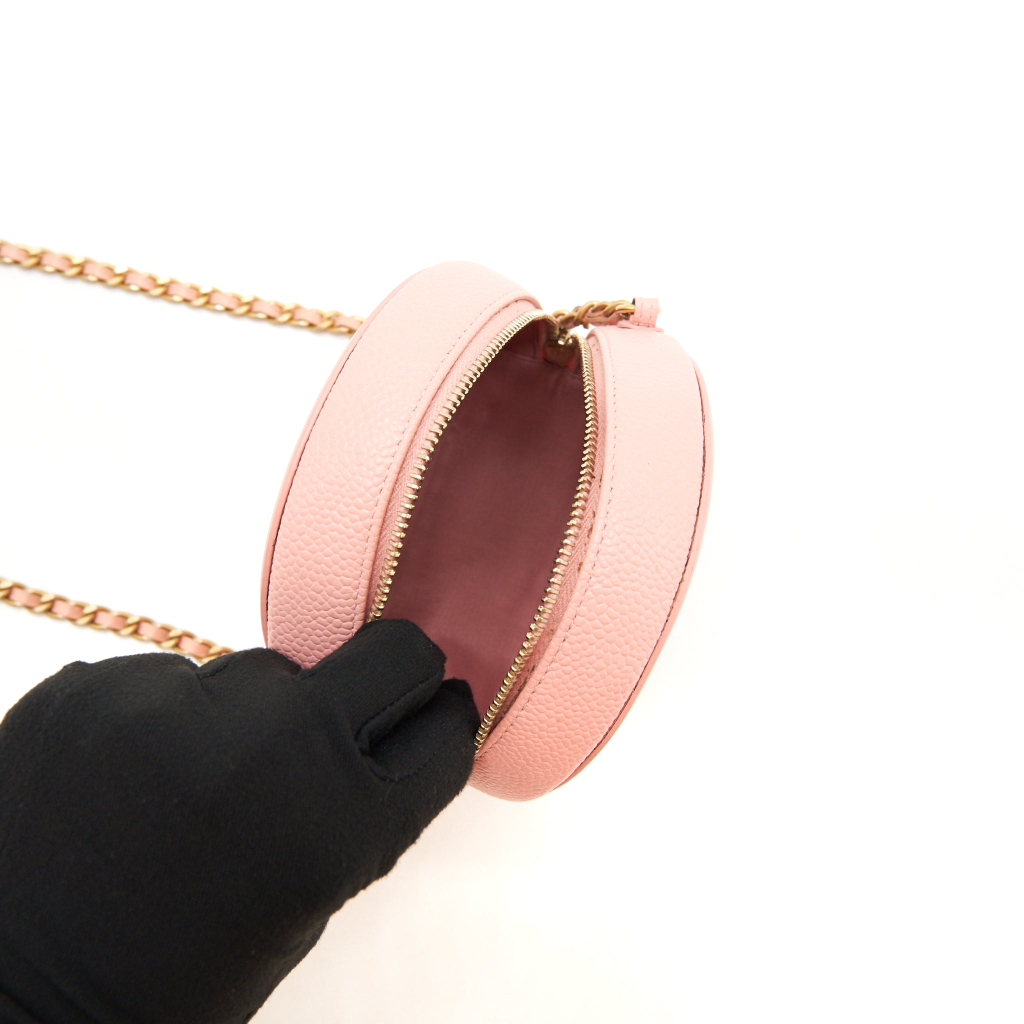CHANEL MINI ROUND VANITY WITH CHAIN CAVIAR PINK GHW