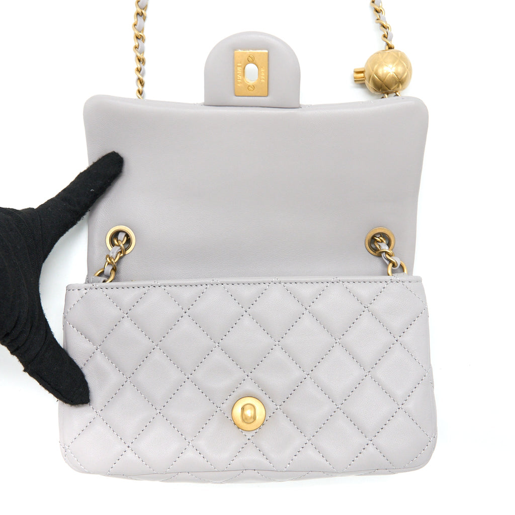 CHANEL PEARL CRUSH MINI RECTANGULAR FLAP BAG LAMBSKIN LIGHT GREY GHW (MICROCHIP)