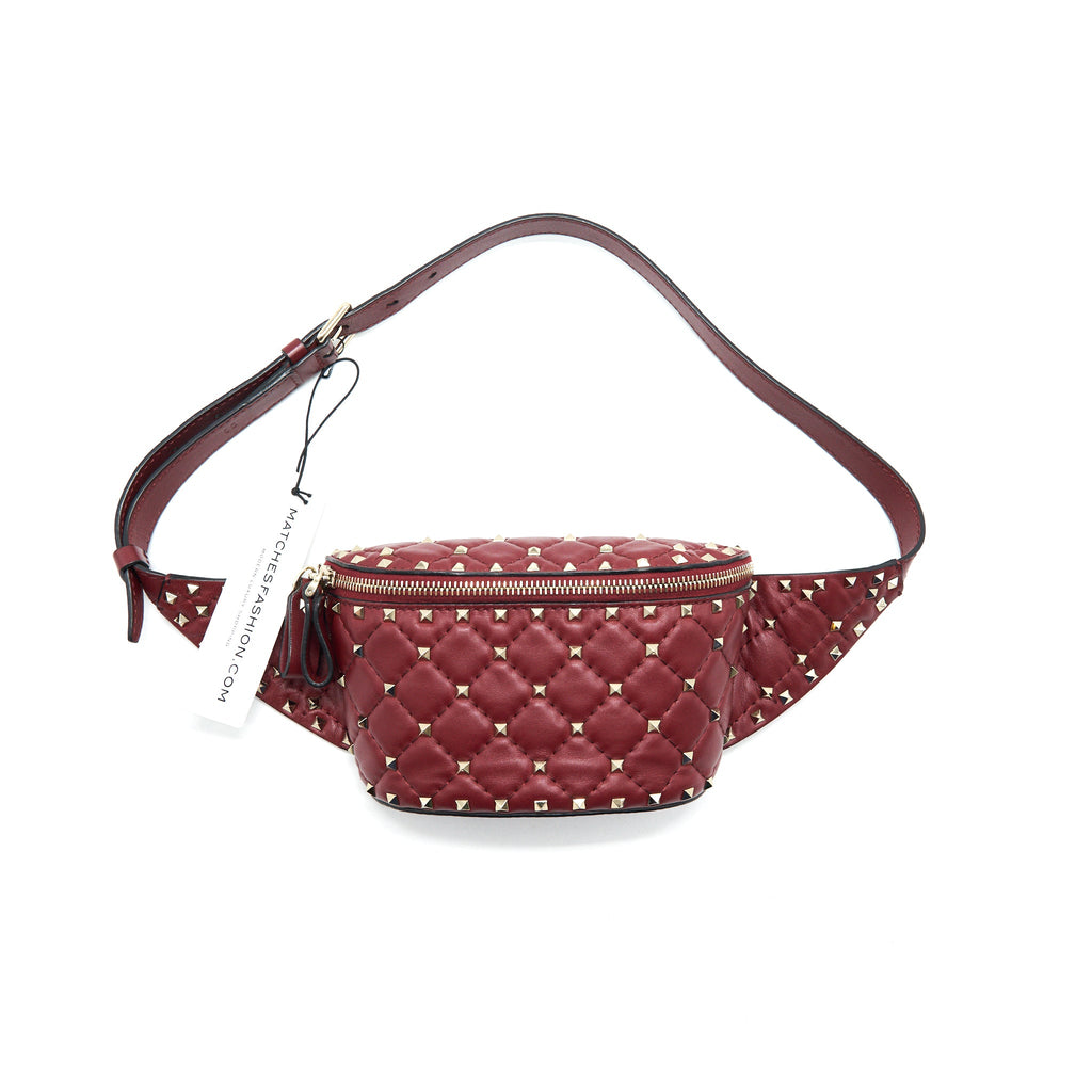 VALENTINO ROCKSTUD SPIKE QUILTED-LEATHER BELT BAG BURGUNDY 95CM