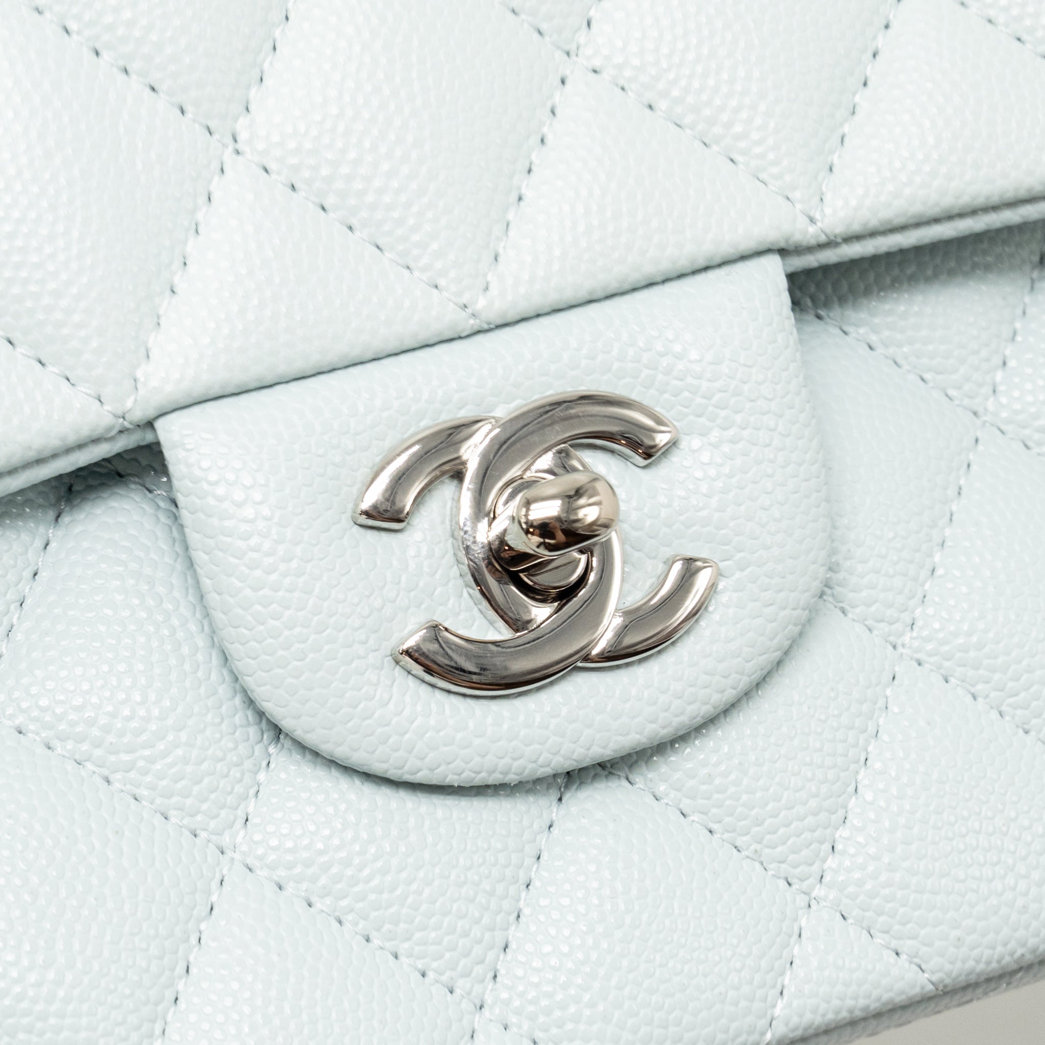 CHANEL SMALL CLASSIC DOUBLE FLAP BAG CAVIAR LIGHT BLUE SHW (MICROCHIP)