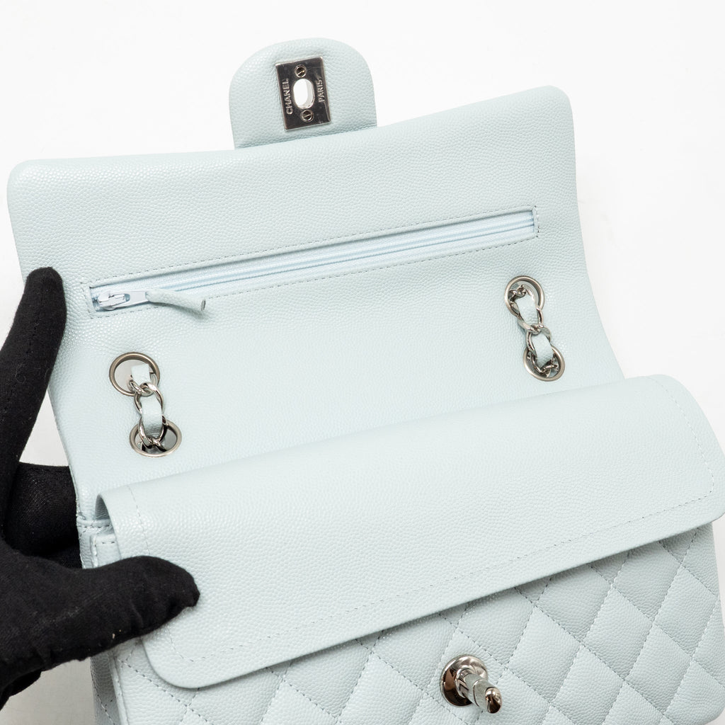 CHANEL SMALL CLASSIC DOUBLE FLAP BAG CAVIAR LIGHT BLUE SHW (MICROCHIP)