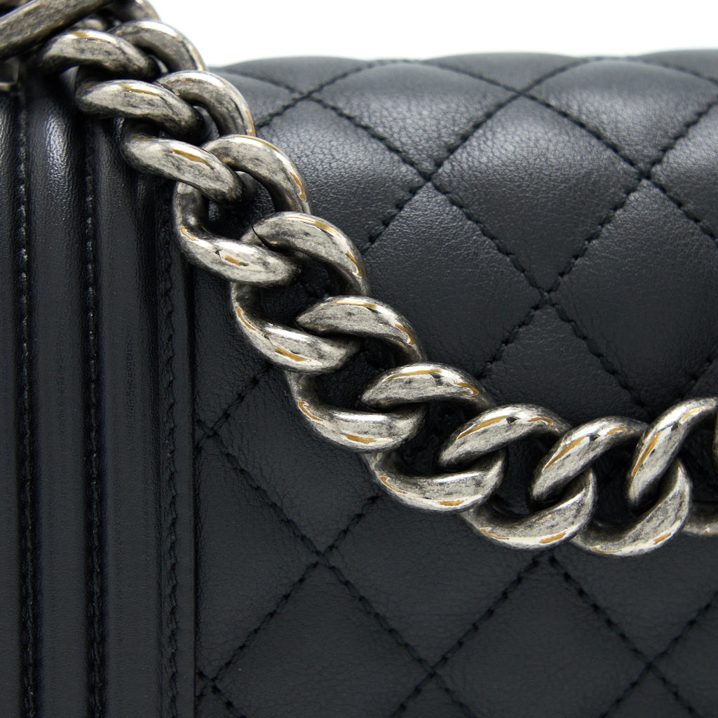 CHANEL SMALL BOY BAG CALFSKIN BLACK WITH RUTHENIUM HARDWARE