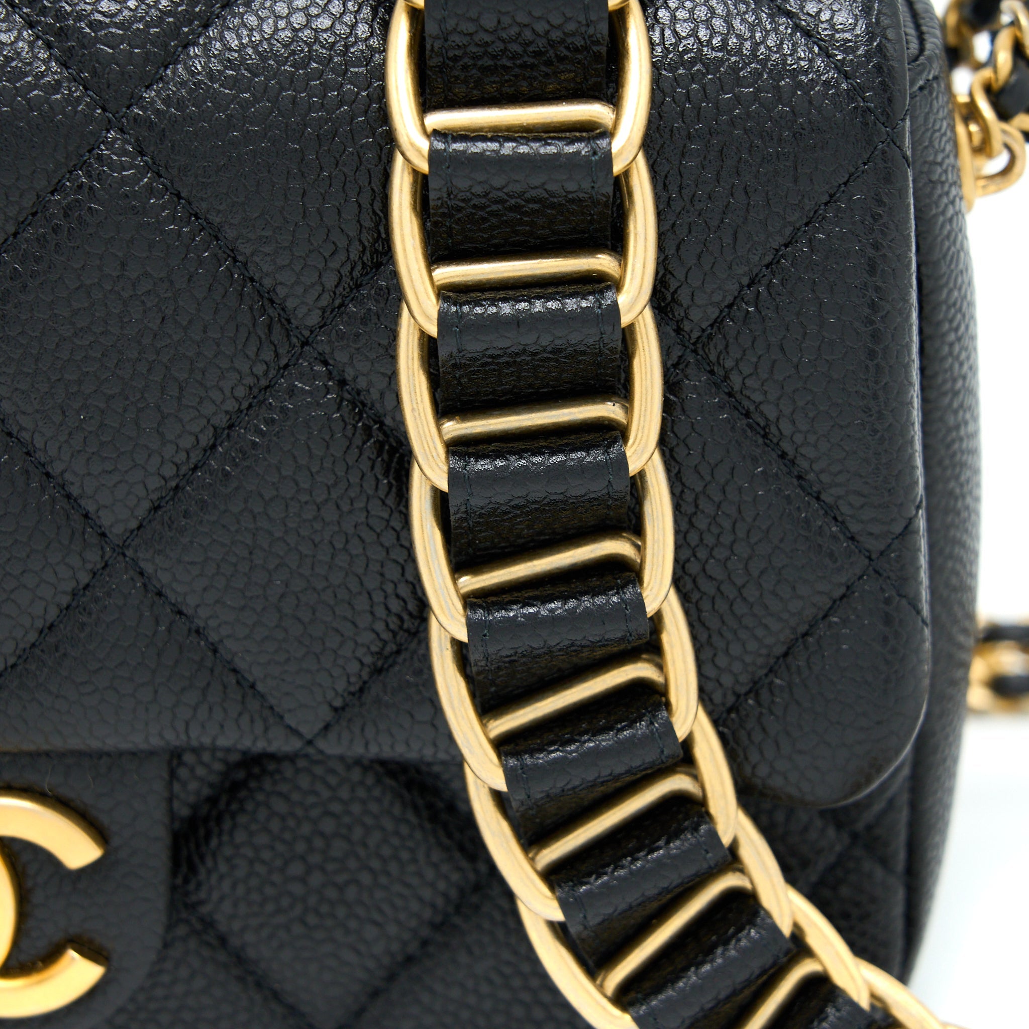 CHANEL QUILTED FLAP BAG WITH DOUBLE CHAIN CAVIAR BLACK BRUSHED GHW (MICROCHIP)