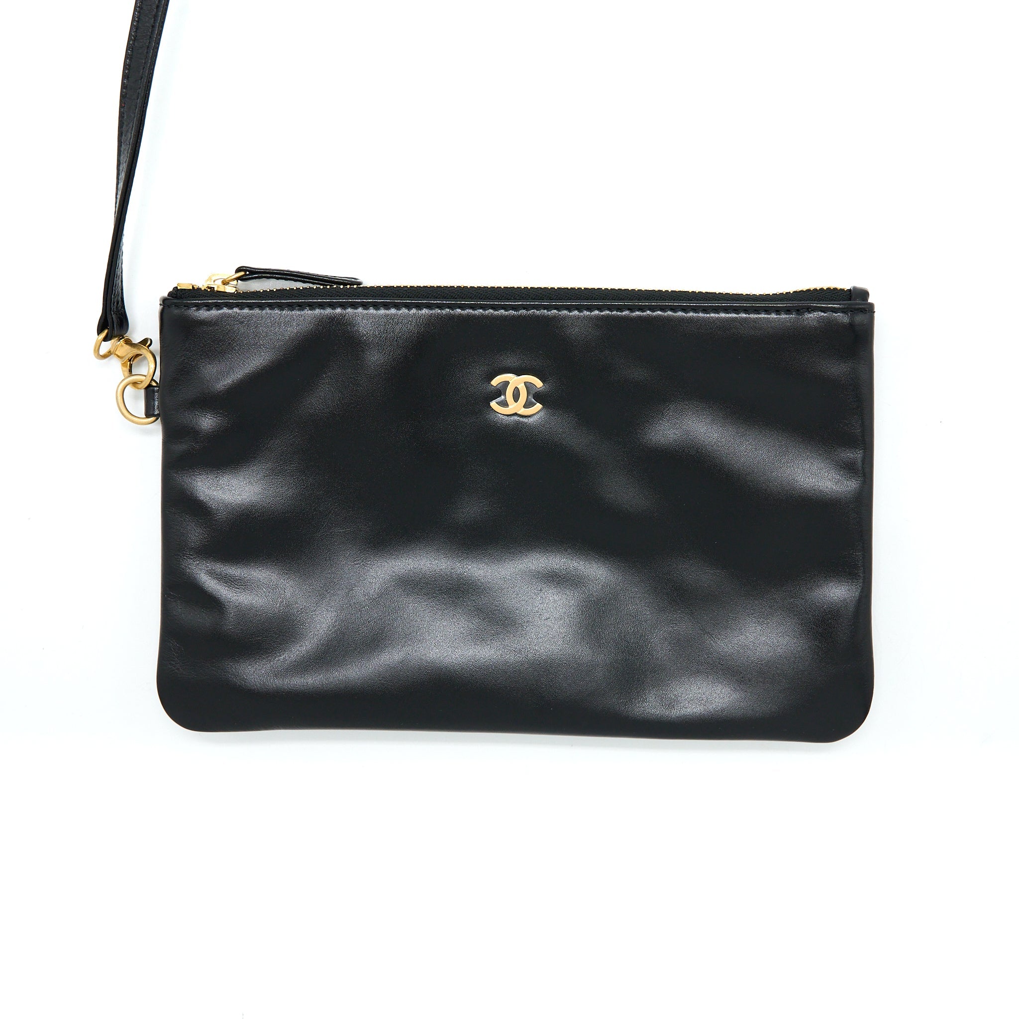 CHANEL MEDIUM 22 BAG GOLD LETTER SHINY CALFSKIN BLACK BRUSHED GHW(MICROCHIP)