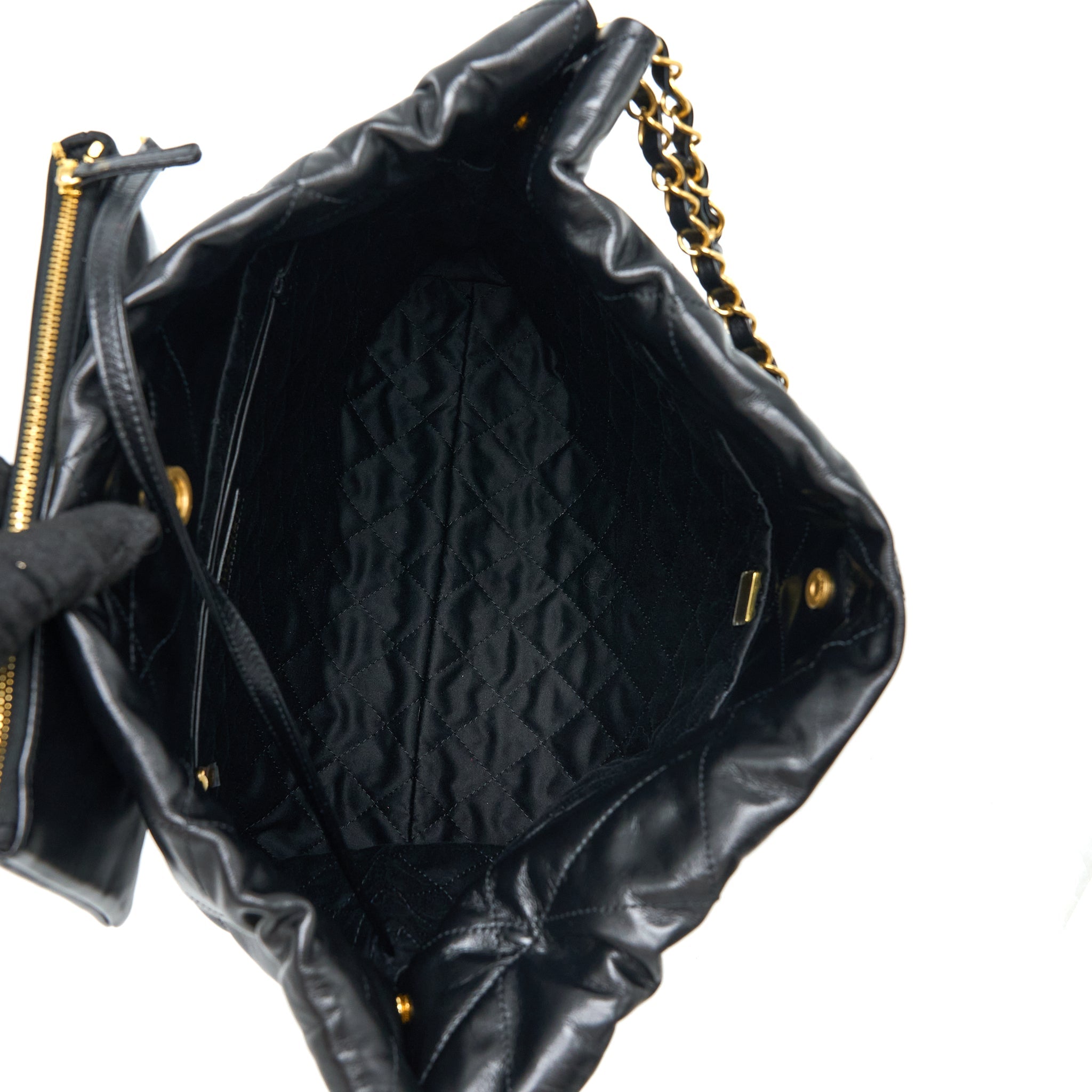 CHANEL MEDIUM 22 BAG GOLD LETTER SHINY CALFSKIN BLACK BRUSHED GHW(MICROCHIP)