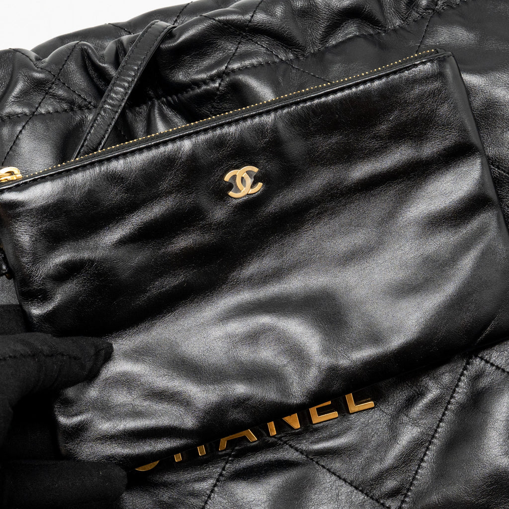CHANEL SMALL 22 BAG GOLD LETTER SHINY CALFSKIN BLACK GHW (MICROCHIP)