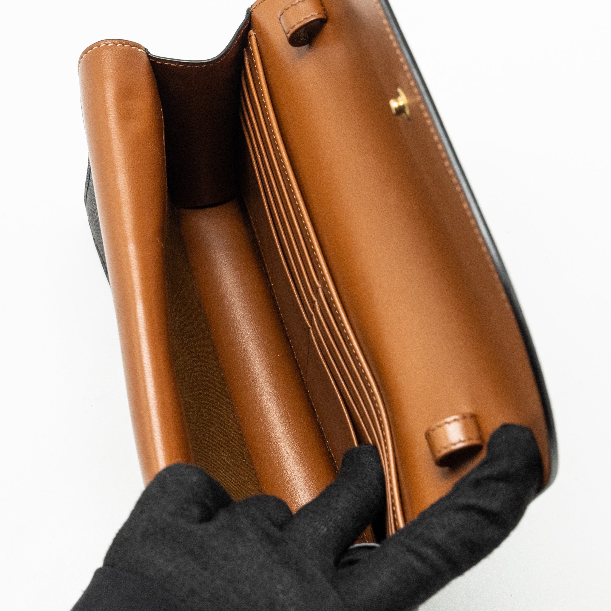 CELINE WALLET ON STRAP TRIOMPHE CANVAS/SMOOTH LAMBSKIN TAN GHW