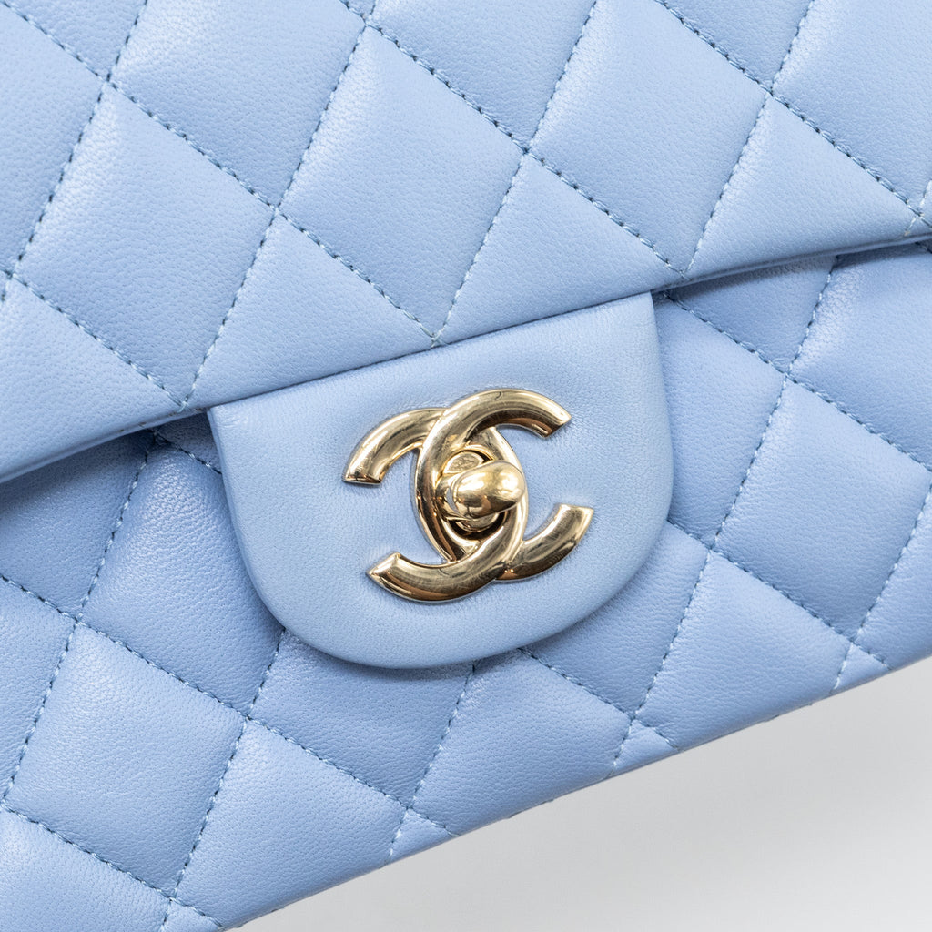 CHANEL MEDIUM CLASSIC DOUBLE FLAP BAG LAMBSKIN LIGHT BLUE LGHW