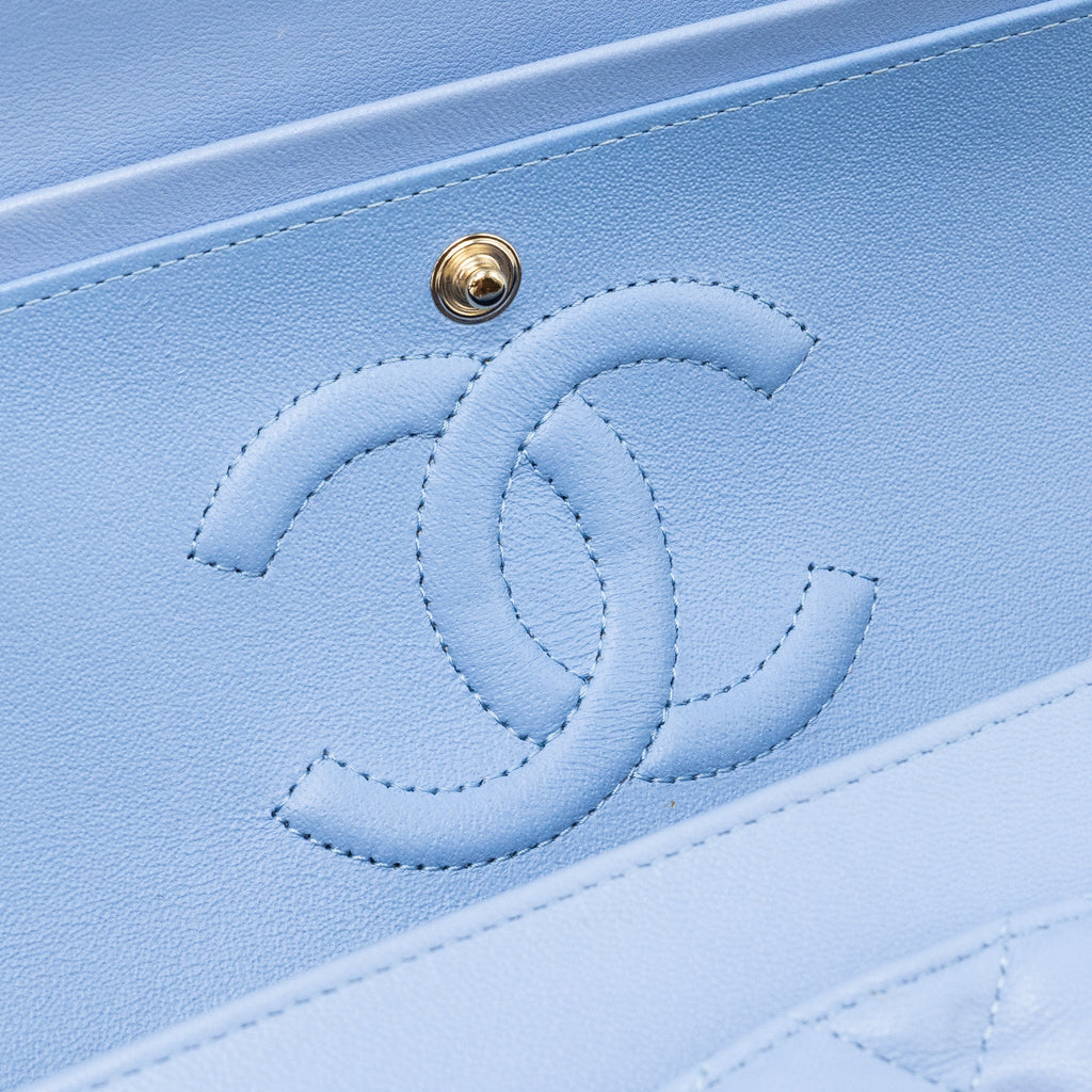 CHANEL MEDIUM CLASSIC DOUBLE FLAP BAG LAMBSKIN LIGHT BLUE LGHW