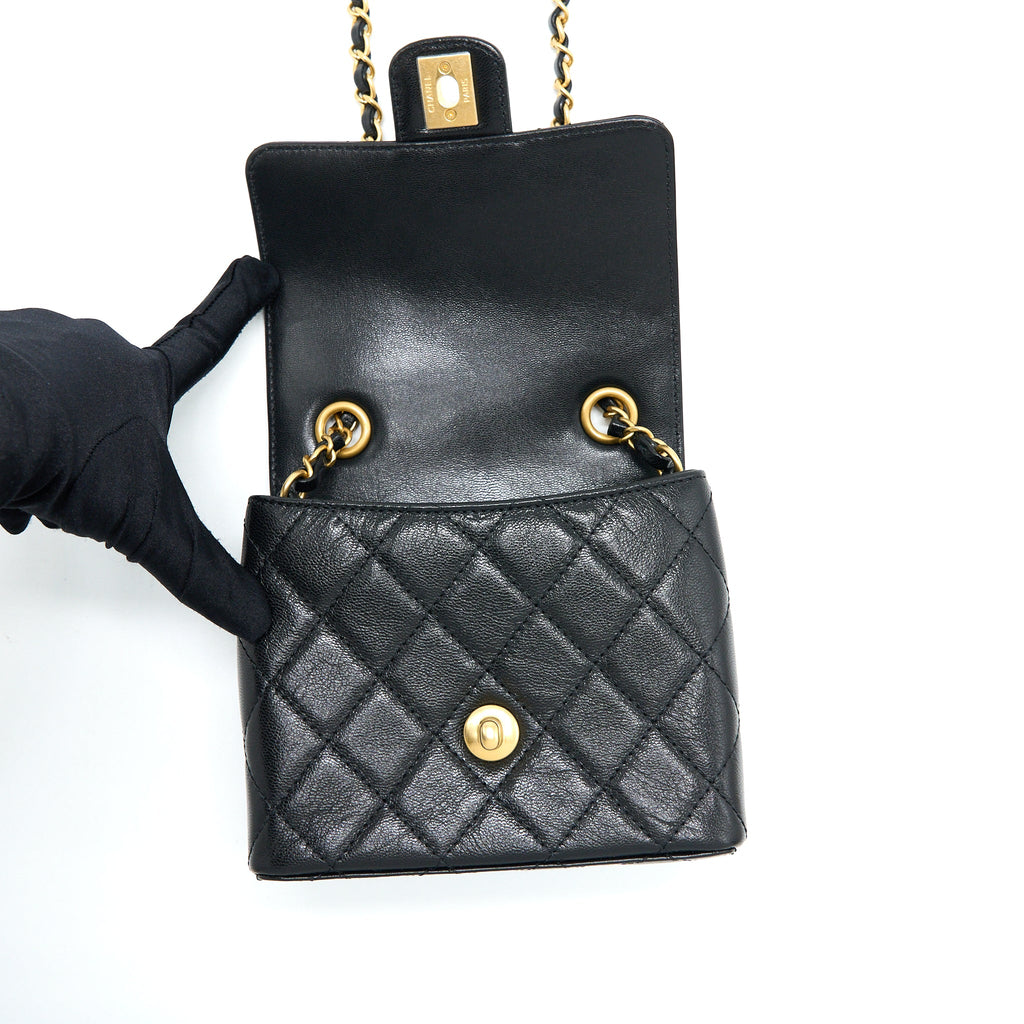 CHANEL 22K RETRO CLASSIC NEW MINI SQUARE FLAP BAG GOATSKIN BLACK GHW(MICROCHIP)