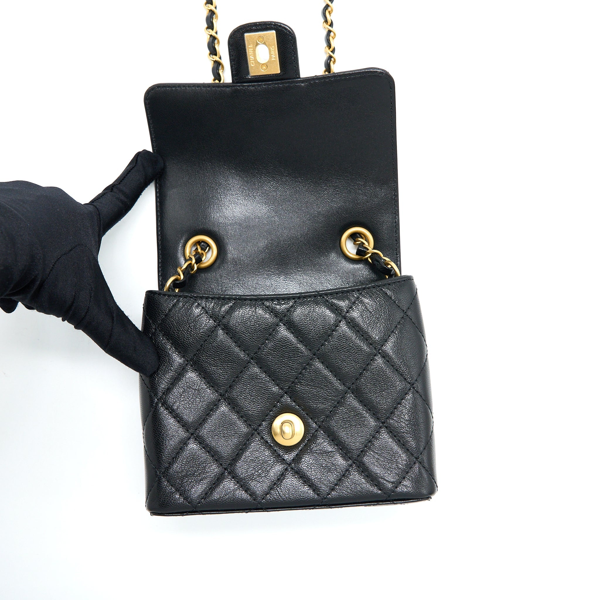 CHANEL 22K RETRO CLASSIC NEW MINI SQUARE FLAP BAG GOATSKIN BLACK GHW(MICROCHIP)