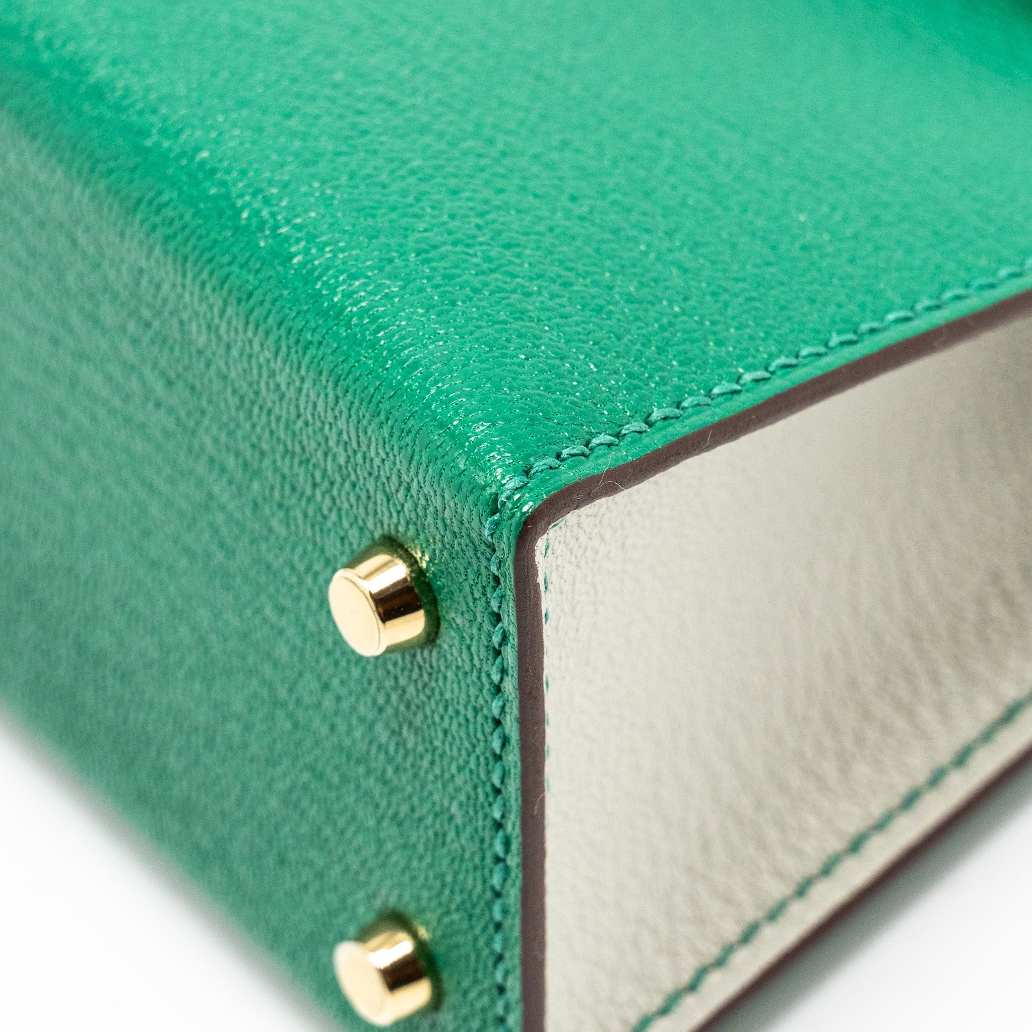 HERMES MINI KELLY SPECIAL ORDER CHÈVRE MYSORE VERT VERTIGO/GRIS PERLE LGHW