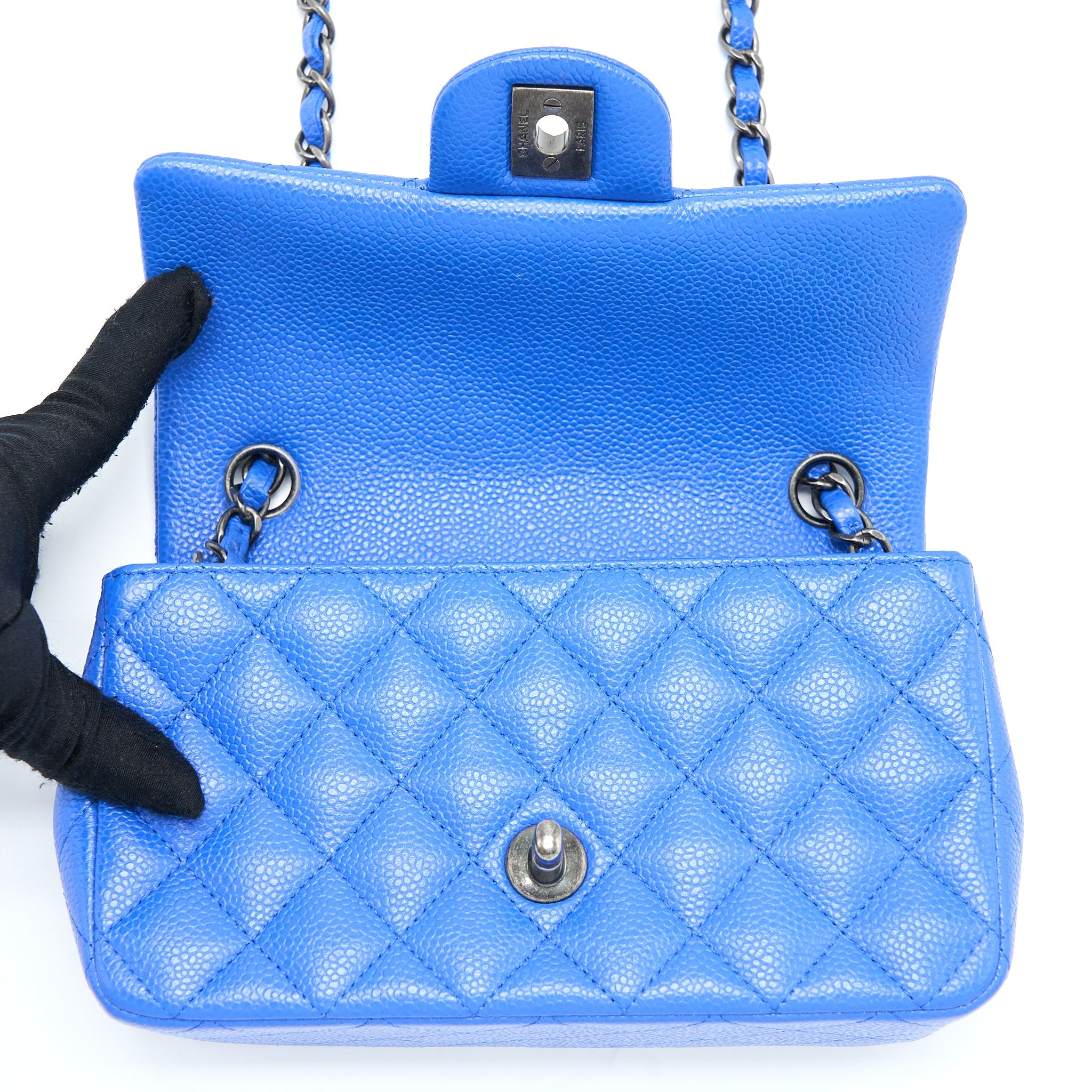CHANEL MINI RECTANGULAR FLAP BAG CAVIAR BLUE RUTHENIUM HARDWARE