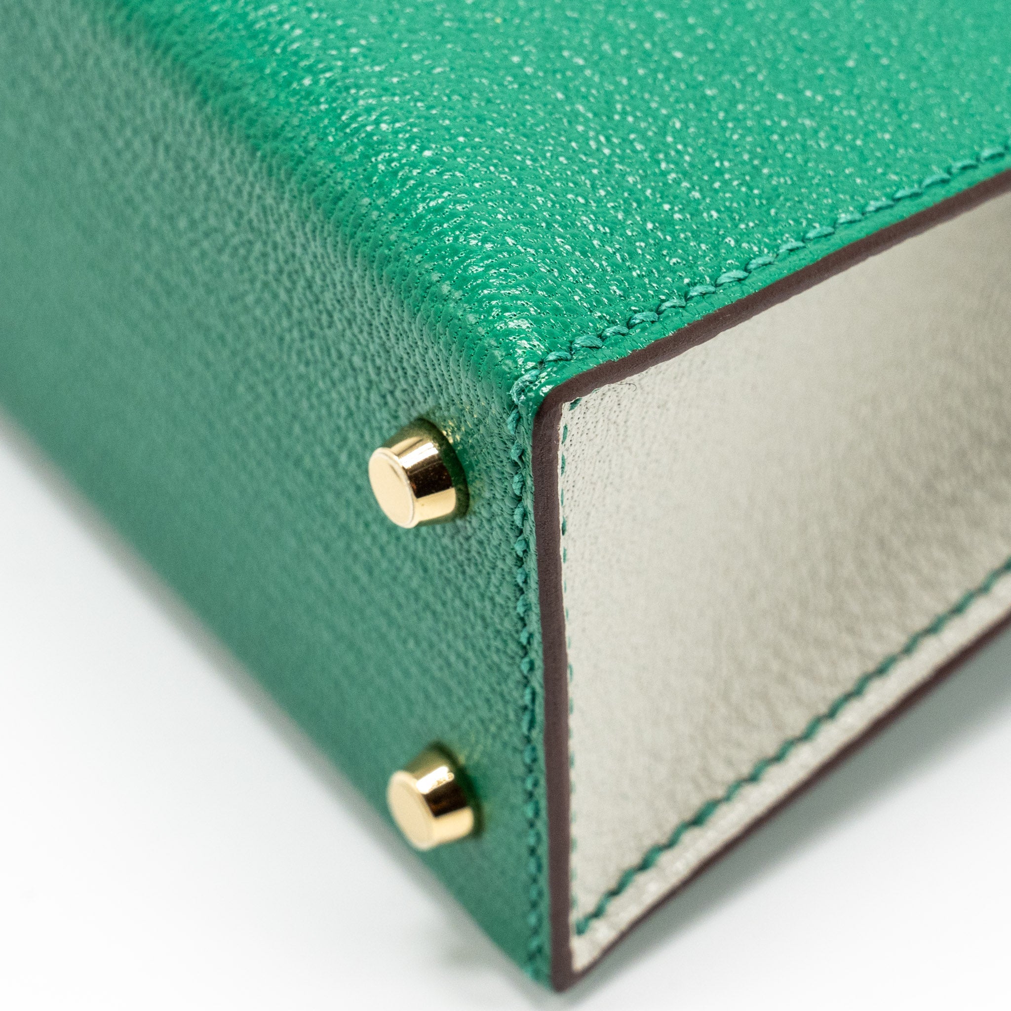 HERMES MINI KELLY SPECIAL ORDER CHÈVRE MYSORE VERT VERTIGO/GRIS PERLE LGHW