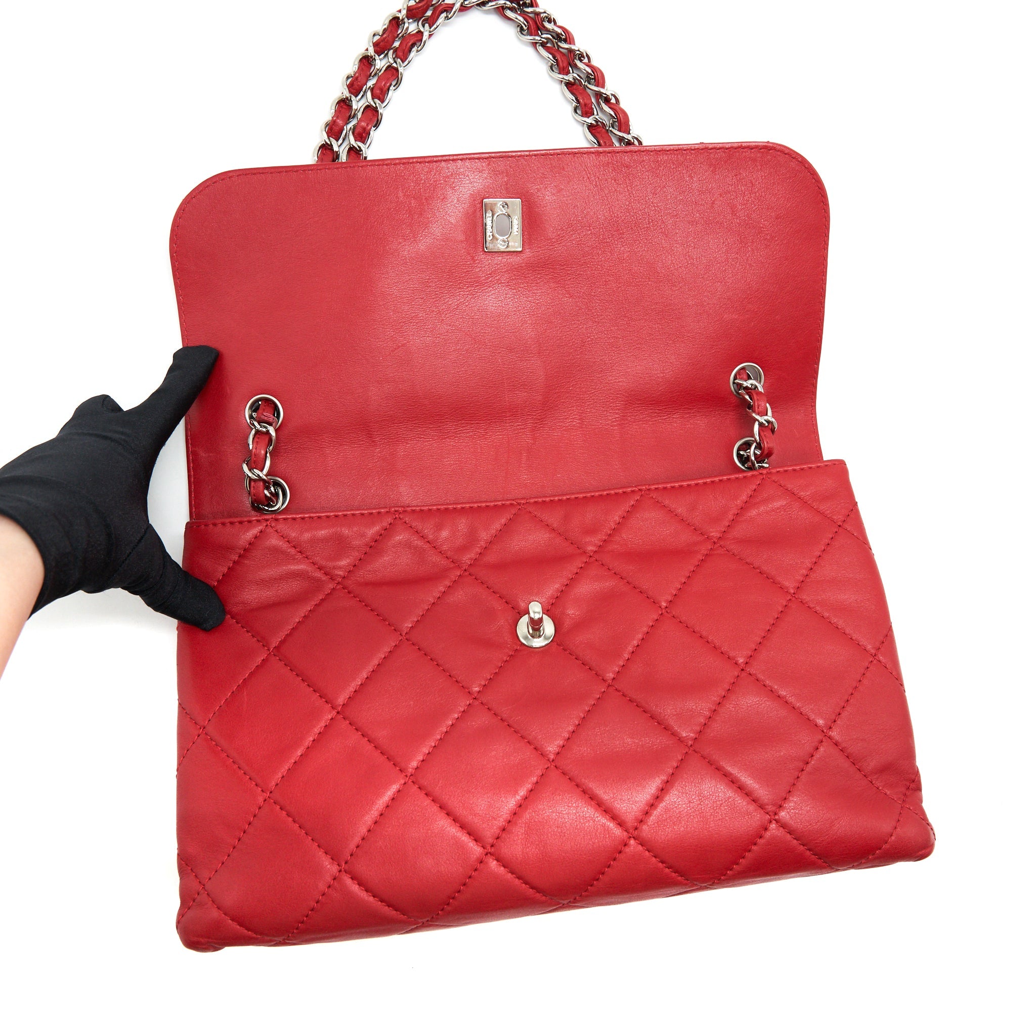 CHANEL QUILTED LARGE FLAP LEATHER BAG WITH CHAIN RED SHW