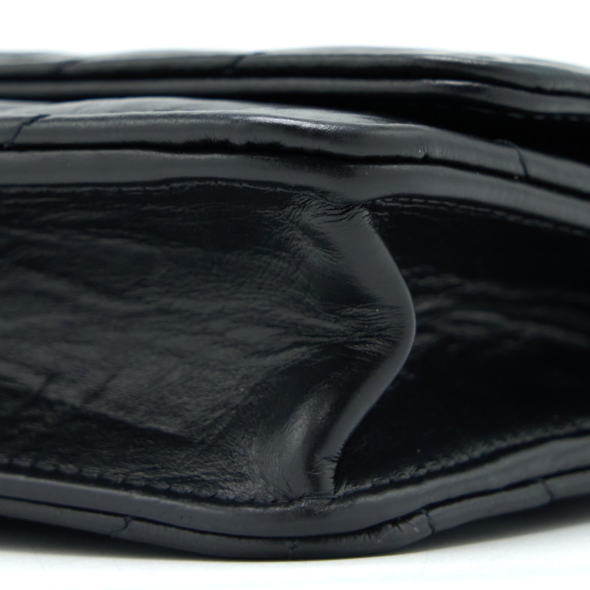 CHANEL 2.55 REISSUE WALLET ON CHAIN CHEVRON AGED CALFSKIN BLACK BRUSHED GHW (MICROCHIP)