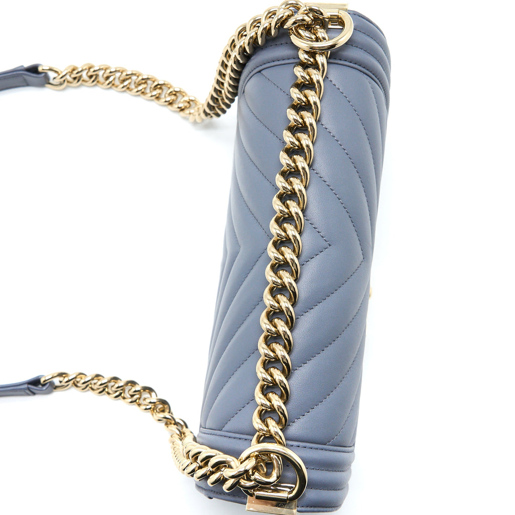 CHANEL MEDIUM BOY BAG CHEVRON CALFSKIN GREY LGHW
