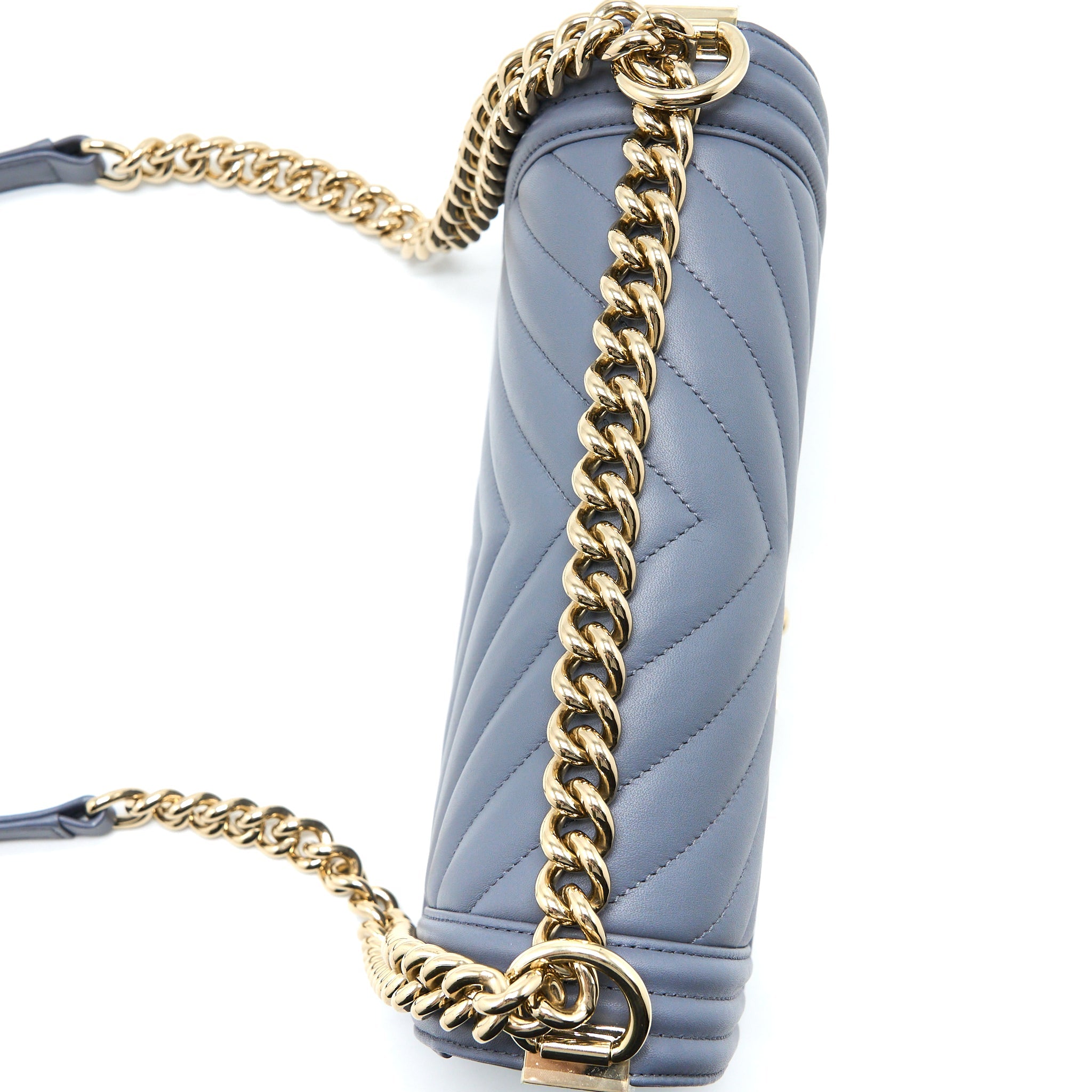 CHANEL MEDIUM BOY BAG CHEVRON CALFSKIN GREY LGHW