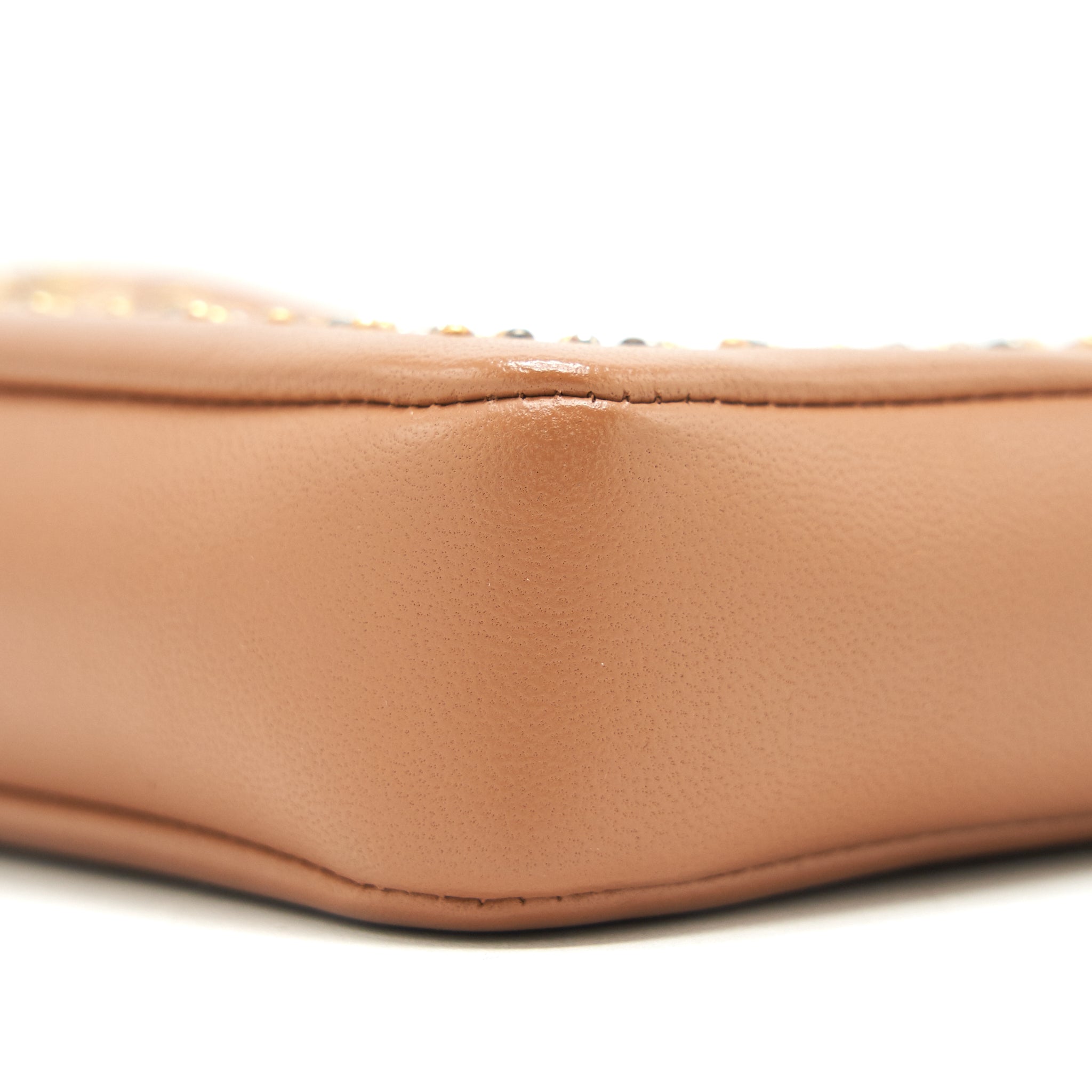 CHANEL STUD DOUBLE ZIP WALLET ON CHAIN DARK BEIGE