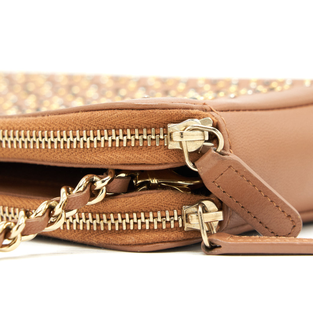 CHANEL STUD DOUBLE ZIP WALLET ON CHAIN DARK BEIGE