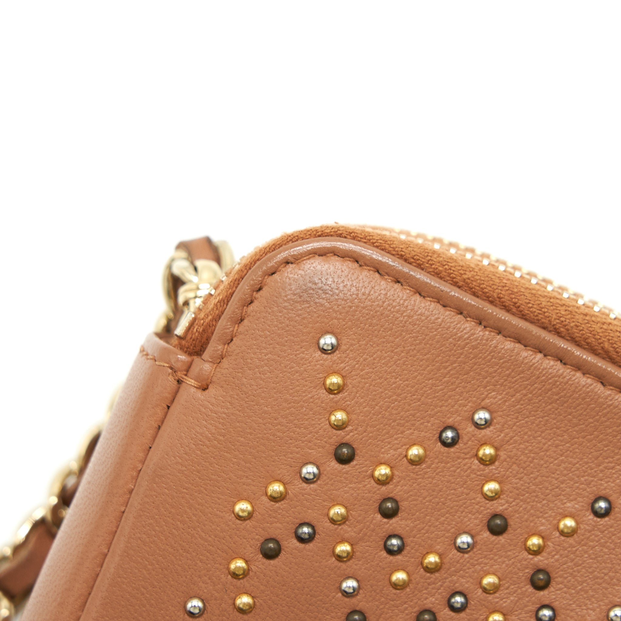 CHANEL STUD DOUBLE ZIP WALLET ON CHAIN DARK BEIGE