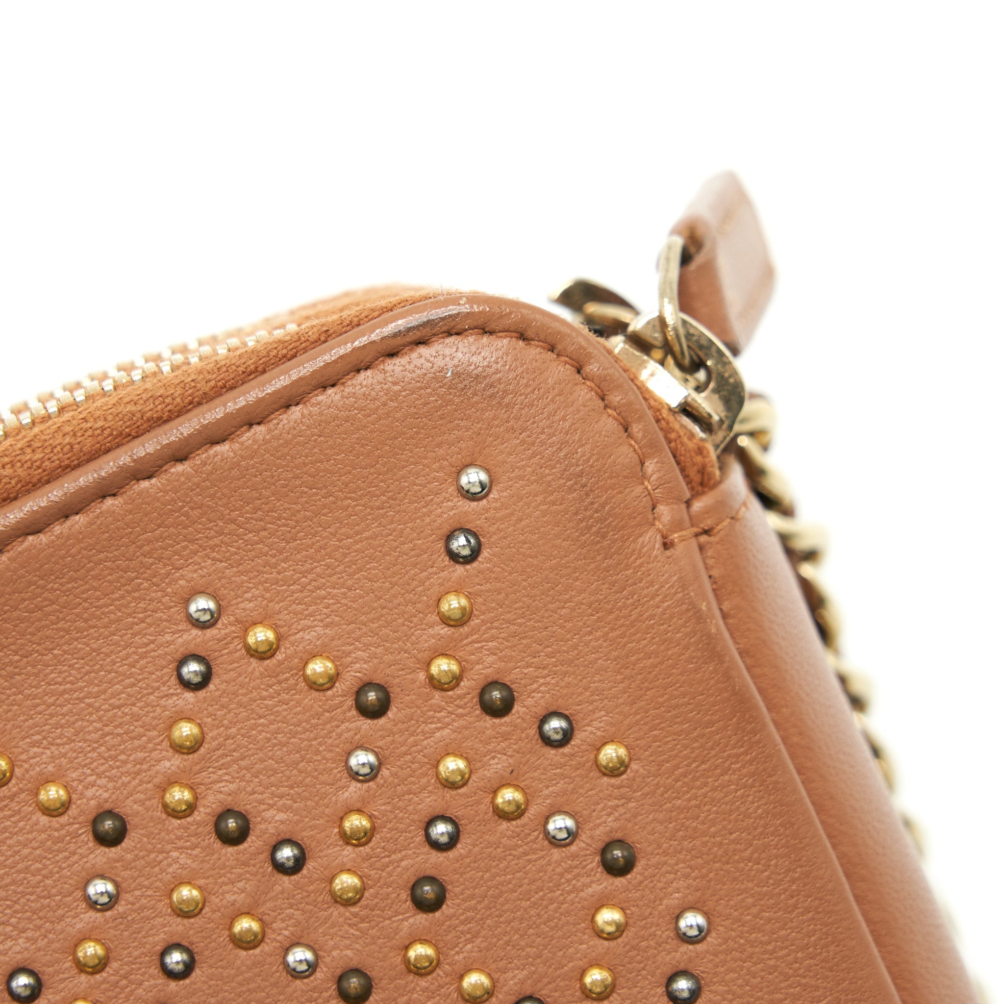 CHANEL STUD DOUBLE ZIP WALLET ON CHAIN DARK BEIGE