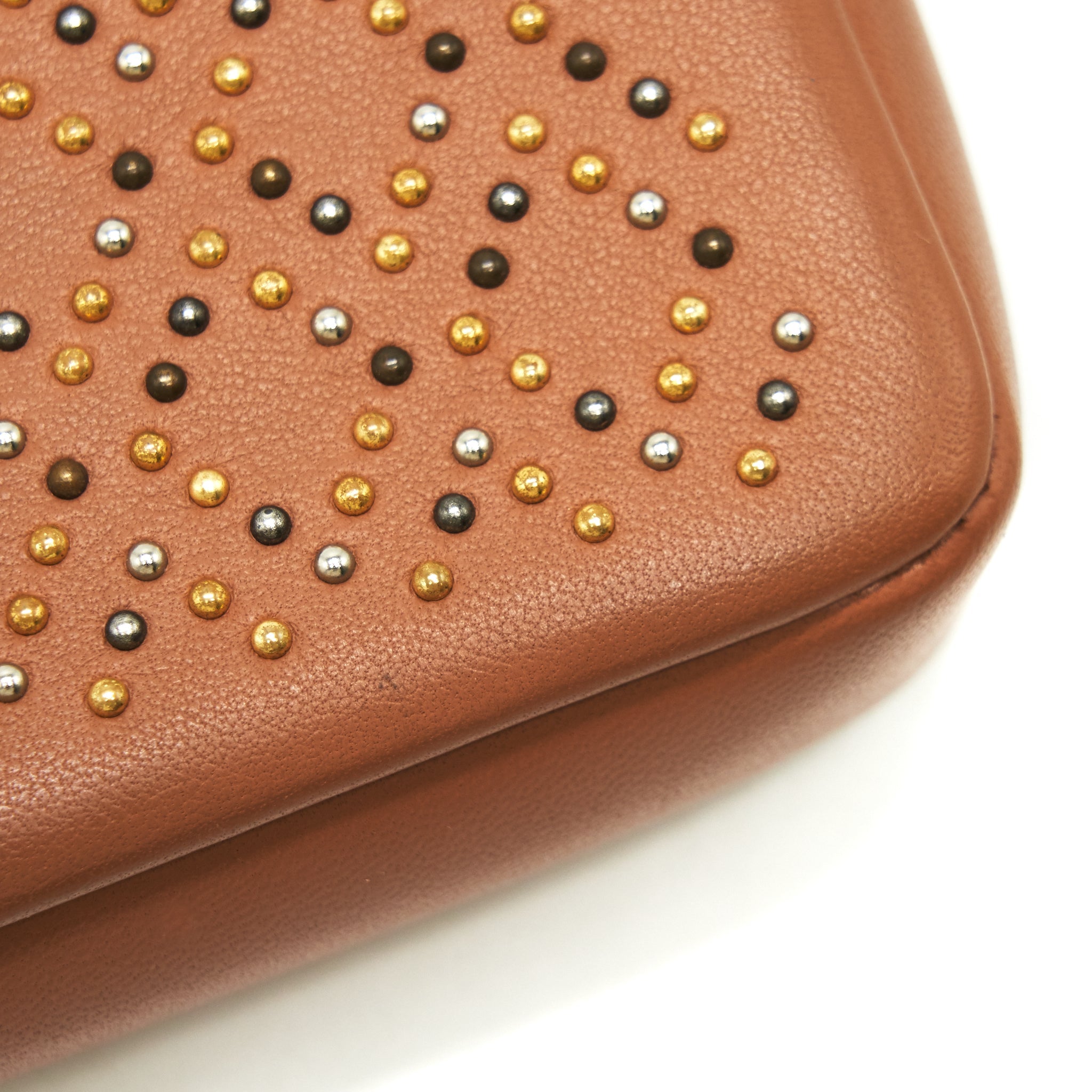 CHANEL STUD DOUBLE ZIP WALLET ON CHAIN DARK BEIGE