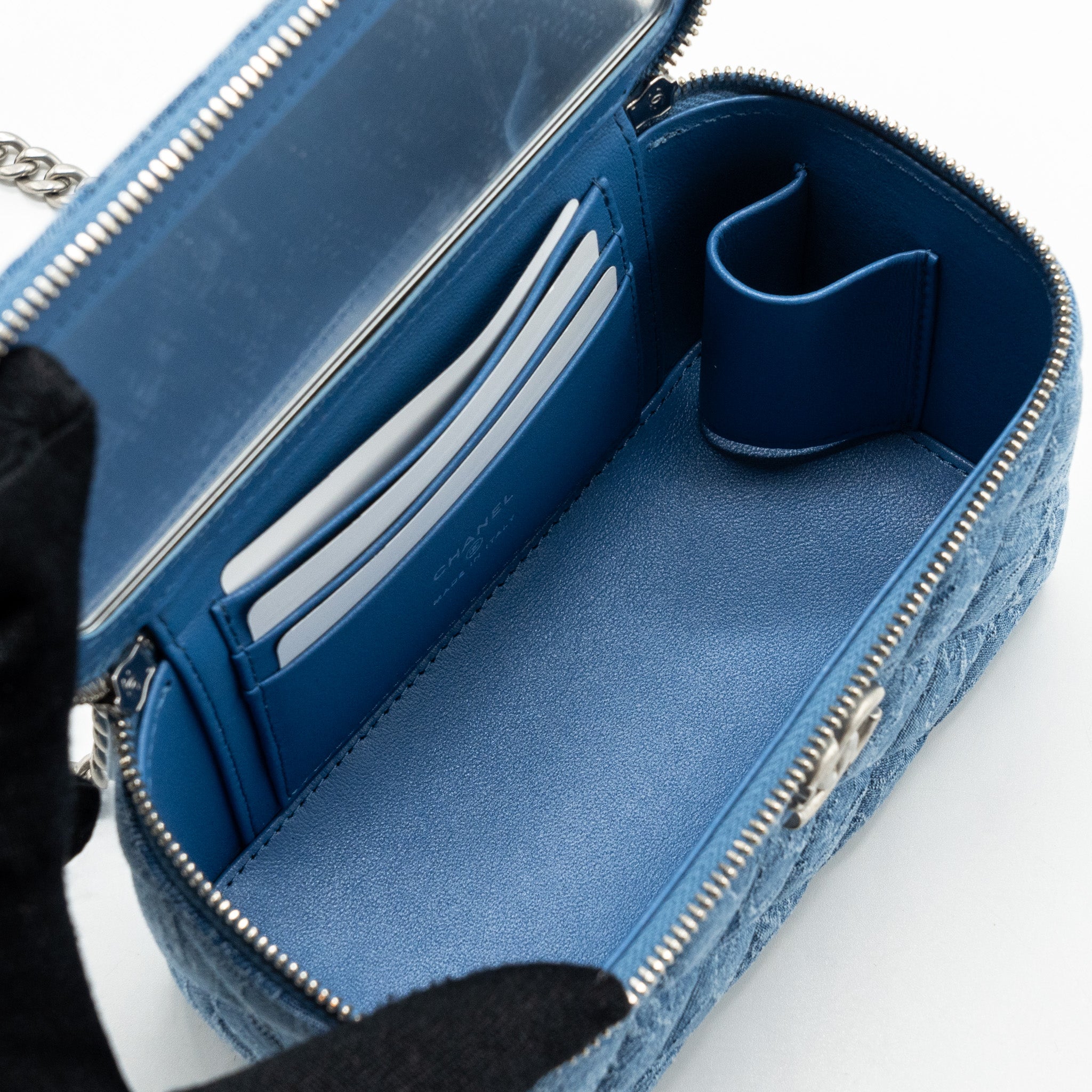 CHANEL COCO LOVE LONG VANITY CASE DENIM CAMELIA BLUE SHW (MICROCHIP)