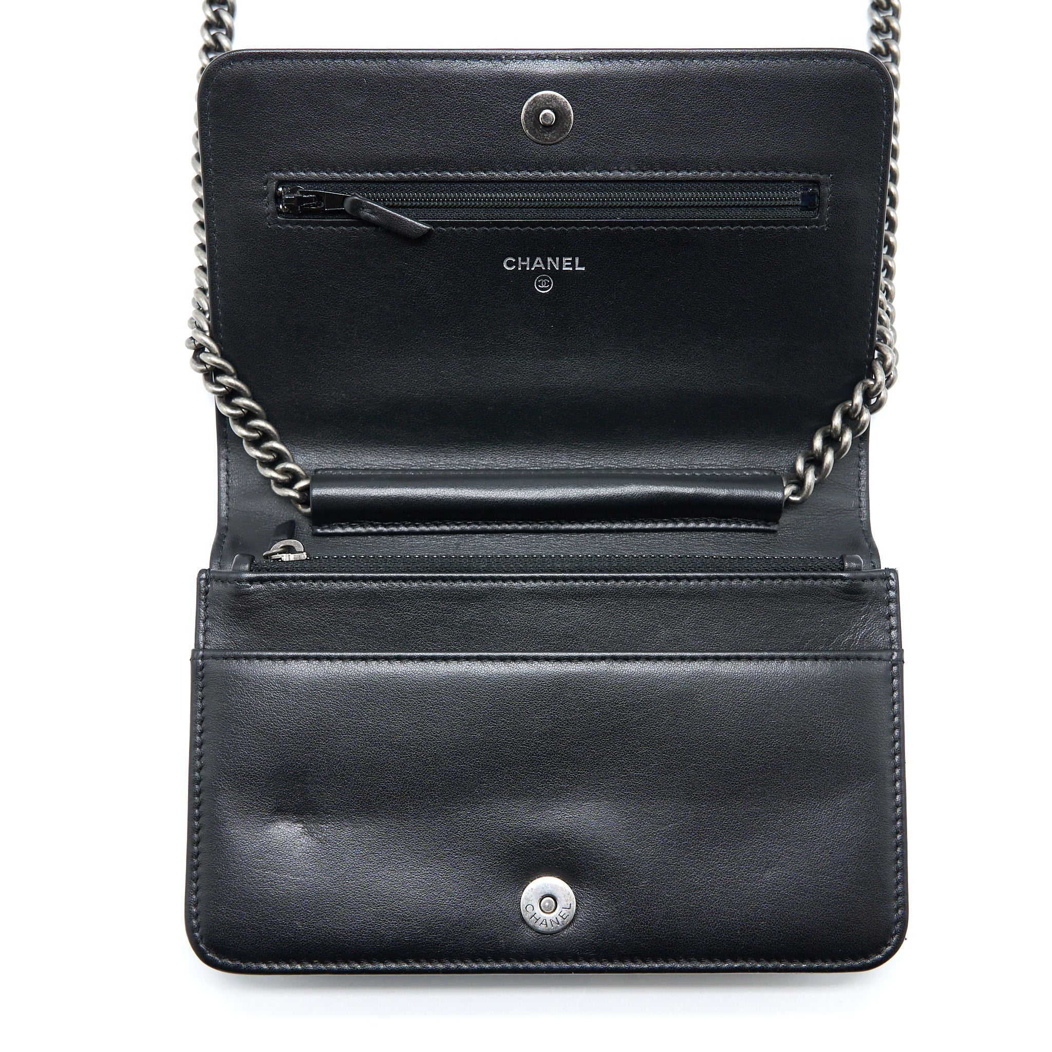 CHANEL BOY WALLET ON CHAIN CAVIAR BLACK RUTHENIUM HARDWARE (MICROCHIP)