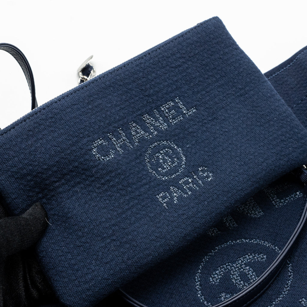 CHANEL DEAUVILLE TOTE BAG CANVAS NAVY SHW(MICROCHIP)