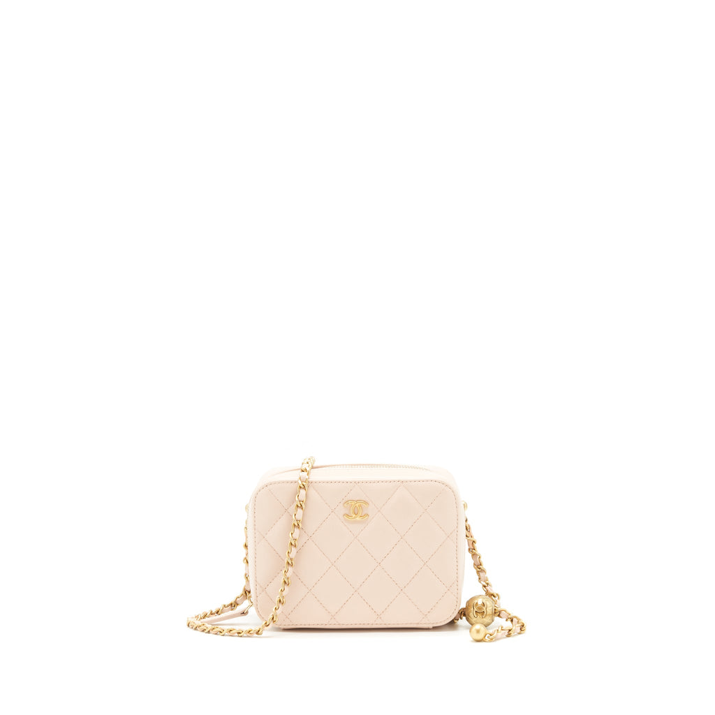 CHANEL PEARL CRUSH MINI CAMERA CASE WITH CHAIN LAMBSKIN LIGHT BEIGE GHW