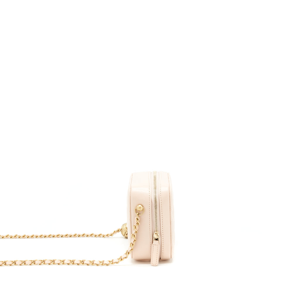 CHANEL PEARL CRUSH MINI CAMERA CASE WITH CHAIN LAMBSKIN LIGHT BEIGE GHW