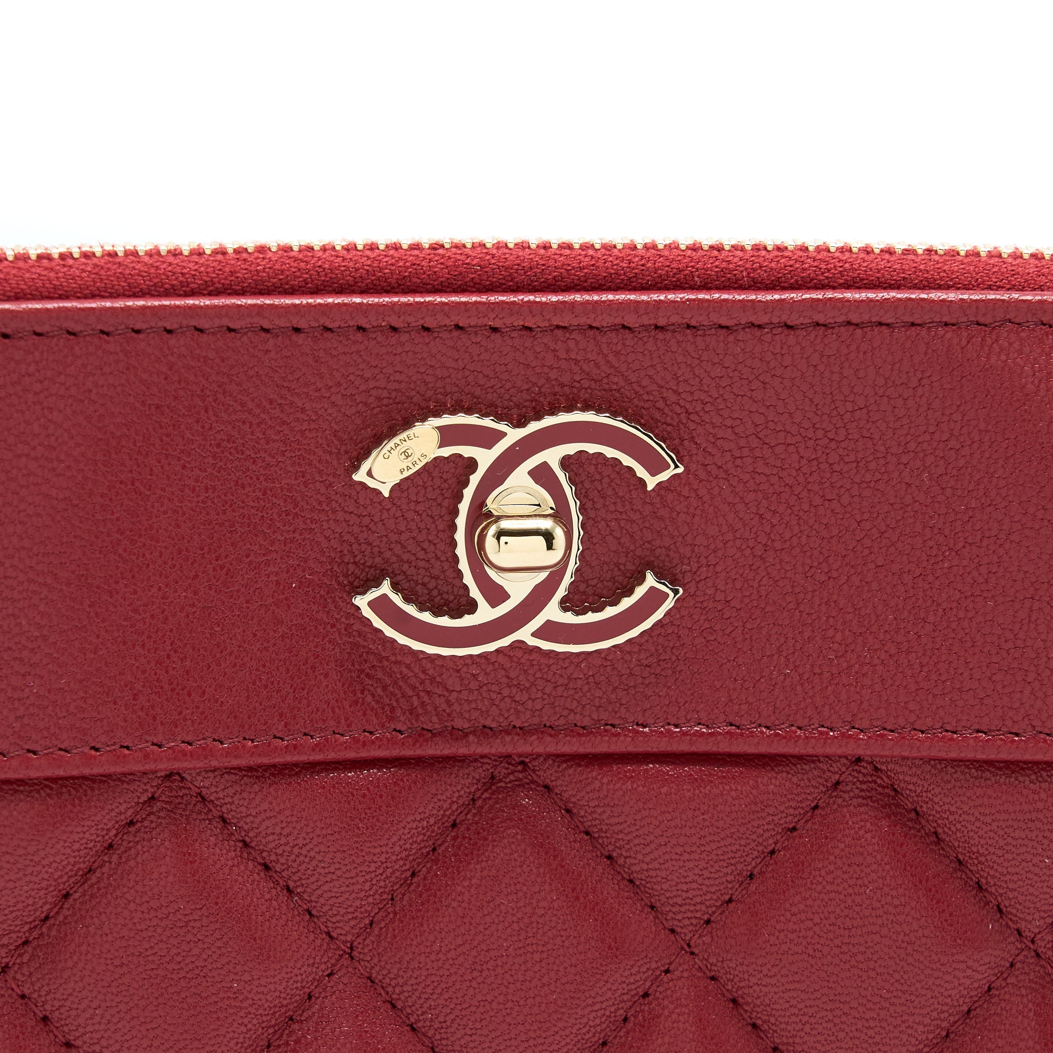 CHANEL CC LOGO QUILTED ZIP POUCH/CLUTCH CALFSKIN RED GHW