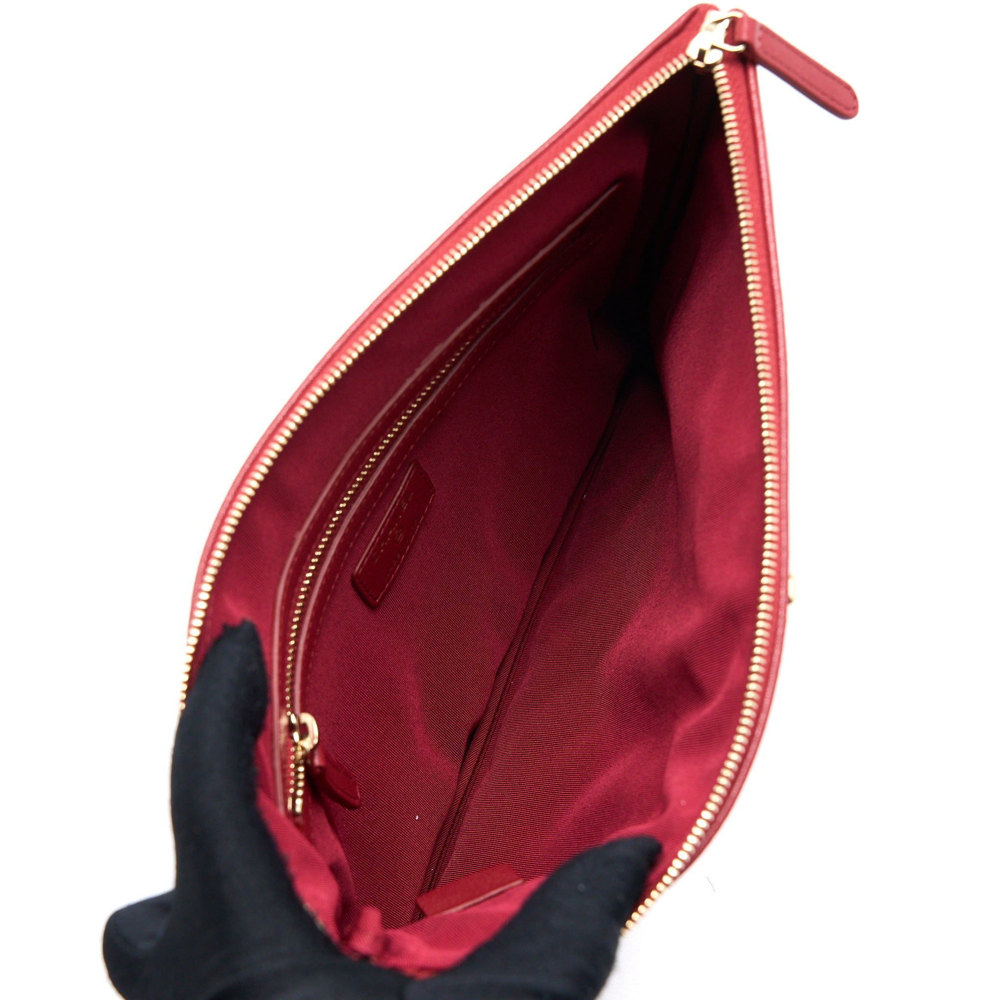 CHANEL CC LOGO QUILTED ZIP POUCH/CLUTCH CALFSKIN RED GHW