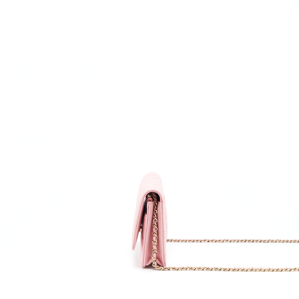 CHANEL 22C CLASSIC WALLET ON CHAIN CAVIAR PINK LGHW (MICROCHIP)
