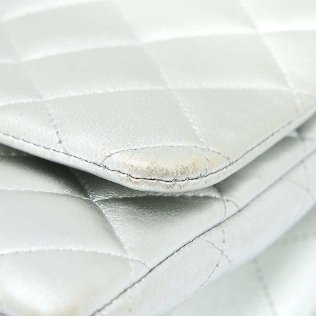 CHANEL MAXI CLASSIC SINGLE FLAP BAG LAMBSKIN SILVER SHW