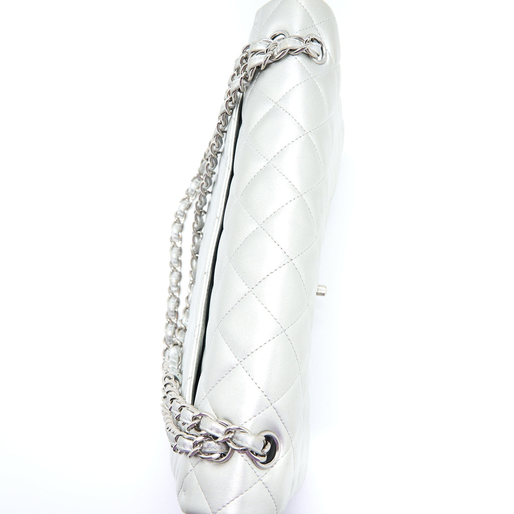 CHANEL MAXI CLASSIC SINGLE FLAP BAG LAMBSKIN SILVER SHW