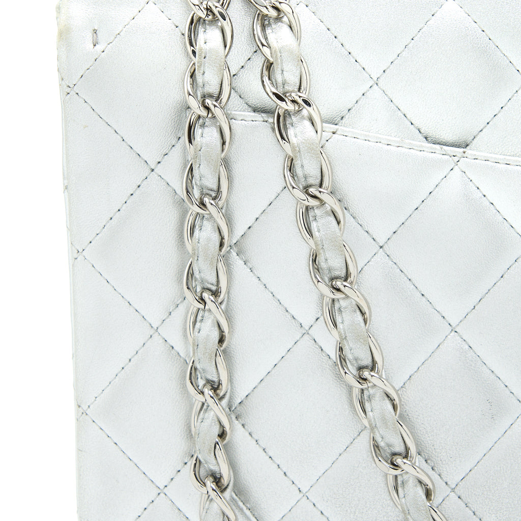 CHANEL MAXI CLASSIC SINGLE FLAP BAG LAMBSKIN SILVER SHW