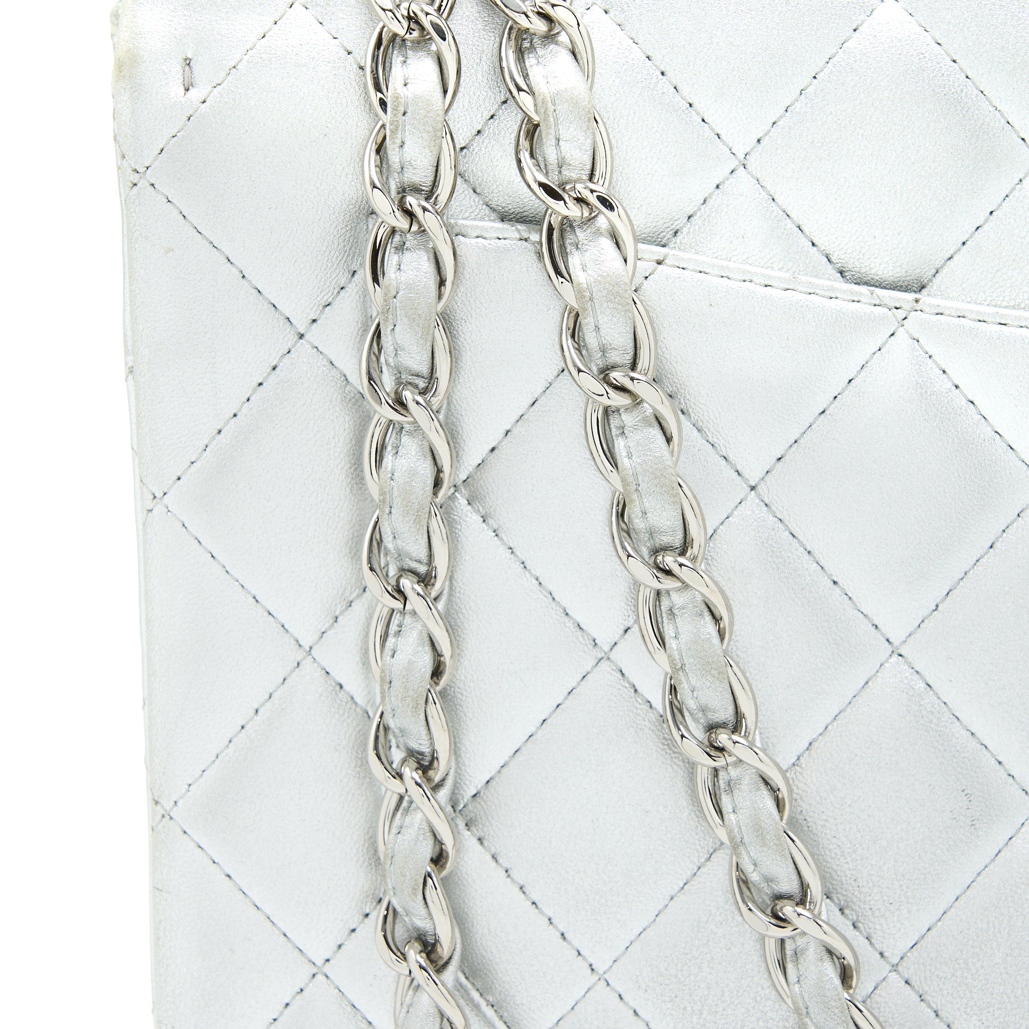 CHANEL MAXI CLASSIC SINGLE FLAP BAG LAMBSKIN SILVER SHW