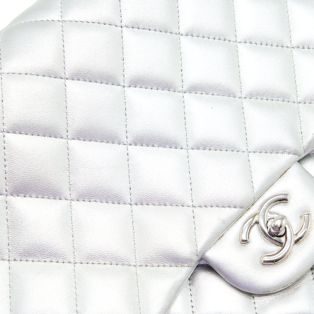 CHANEL MAXI CLASSIC SINGLE FLAP BAG LAMBSKIN SILVER SHW