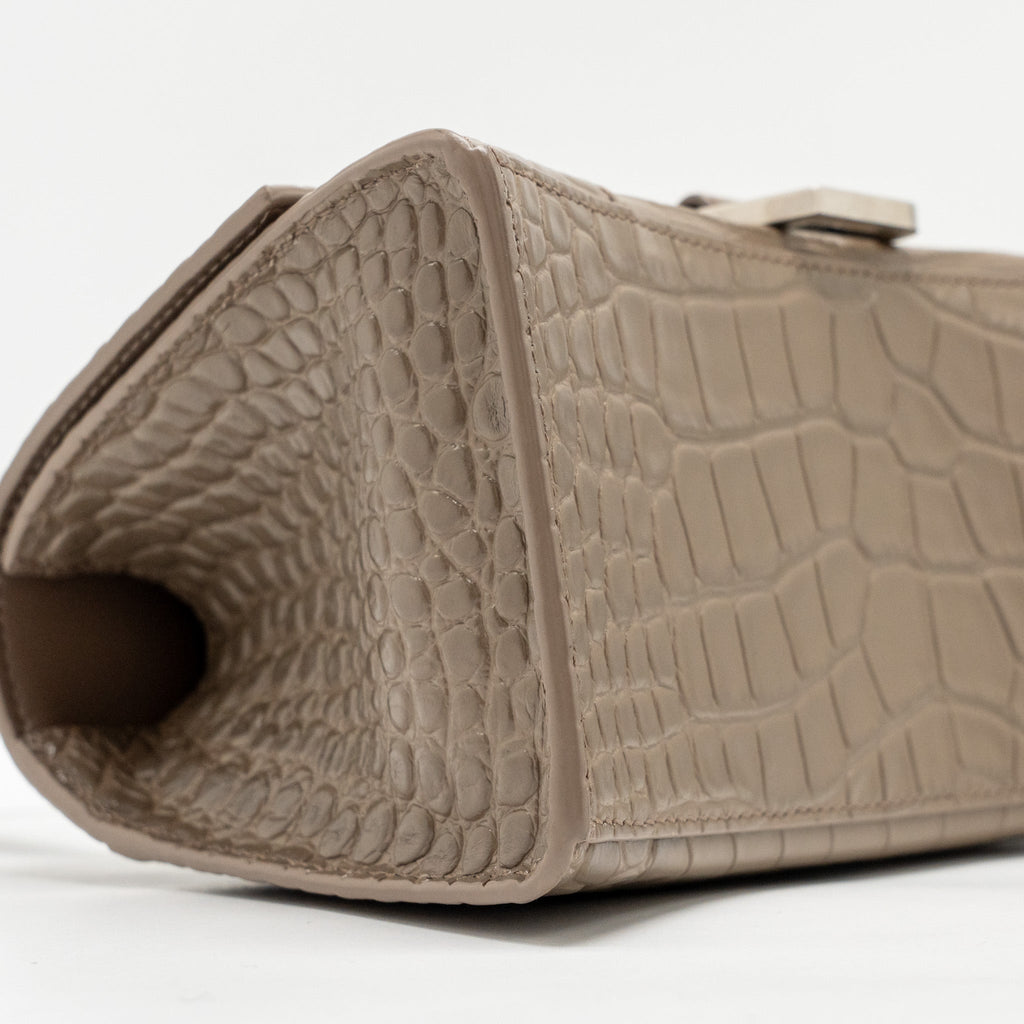 BALENCIAGA SMALL HOURGLASS BAG CROC-EMBOSSED CALFSKIN DARK BEIGE SHW