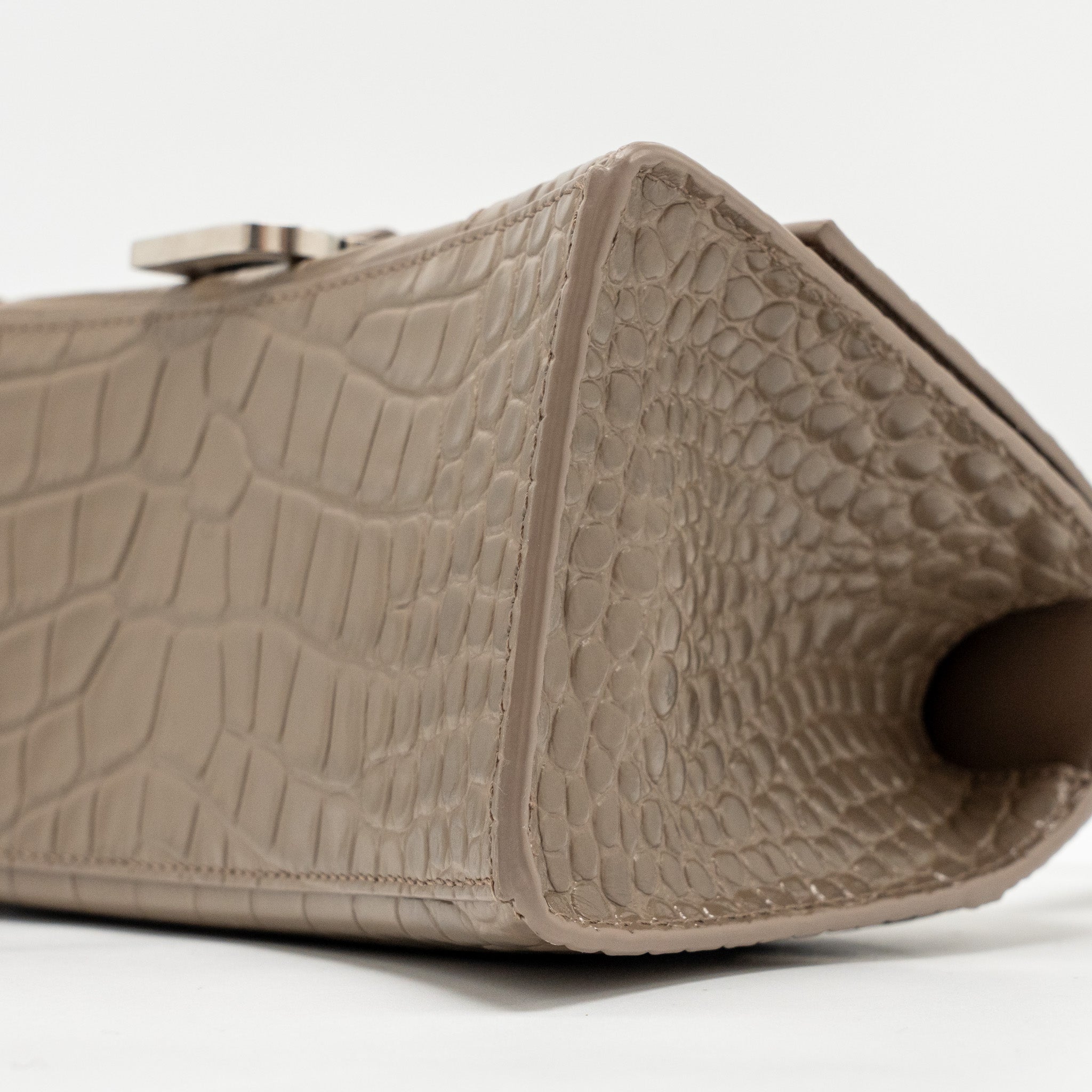 BALENCIAGA SMALL HOURGLASS BAG CROC-EMBOSSED CALFSKIN DARK BEIGE SHW