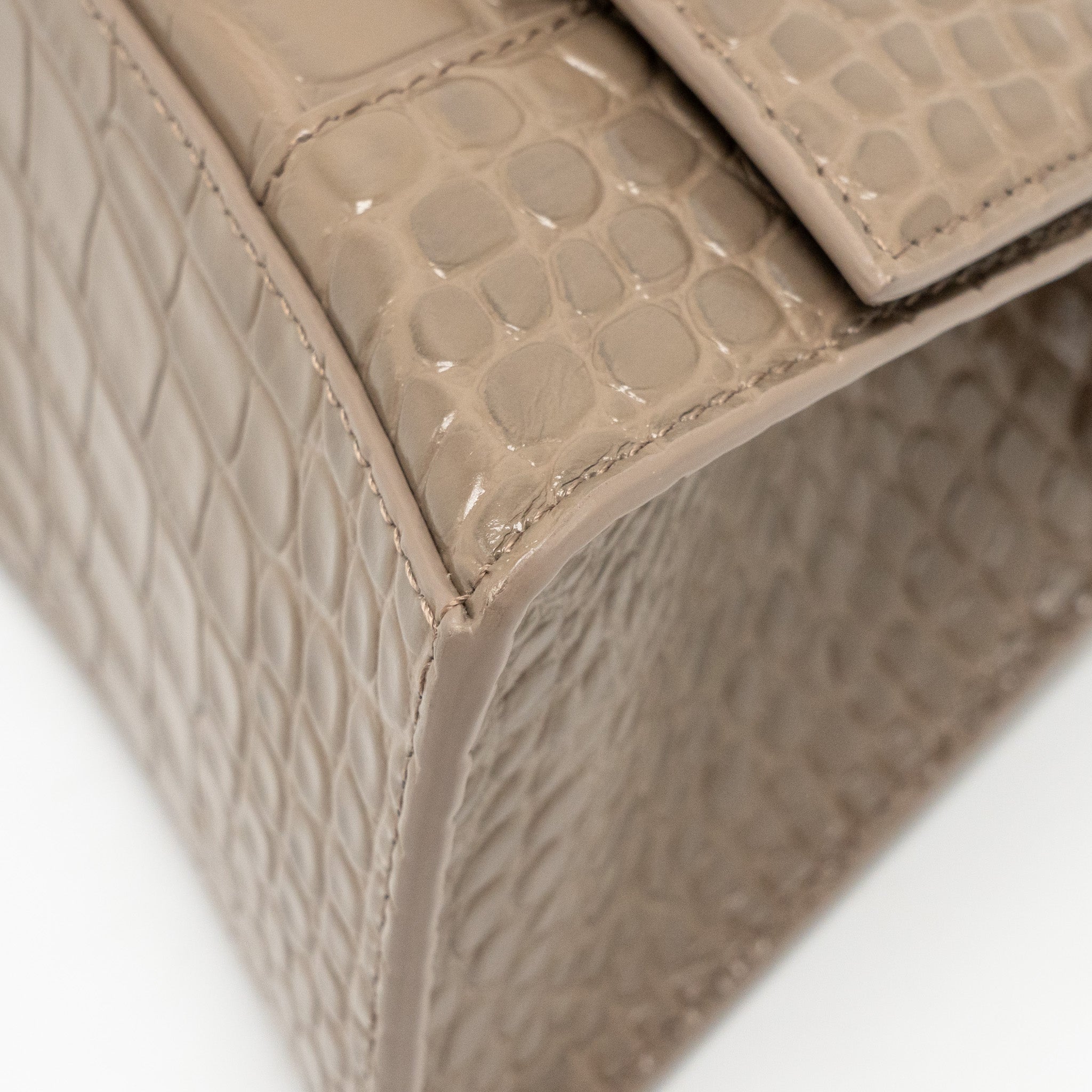 BALENCIAGA SMALL HOURGLASS BAG CROC-EMBOSSED CALFSKIN DARK BEIGE SHW