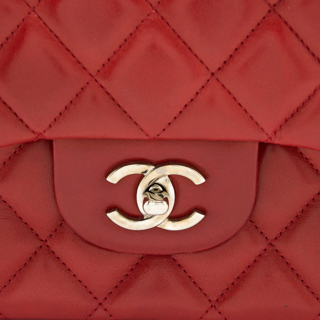 CHANEL CLASSIC JUMBO SINGLE FLAP BAG LAMBSKIN RED SHW