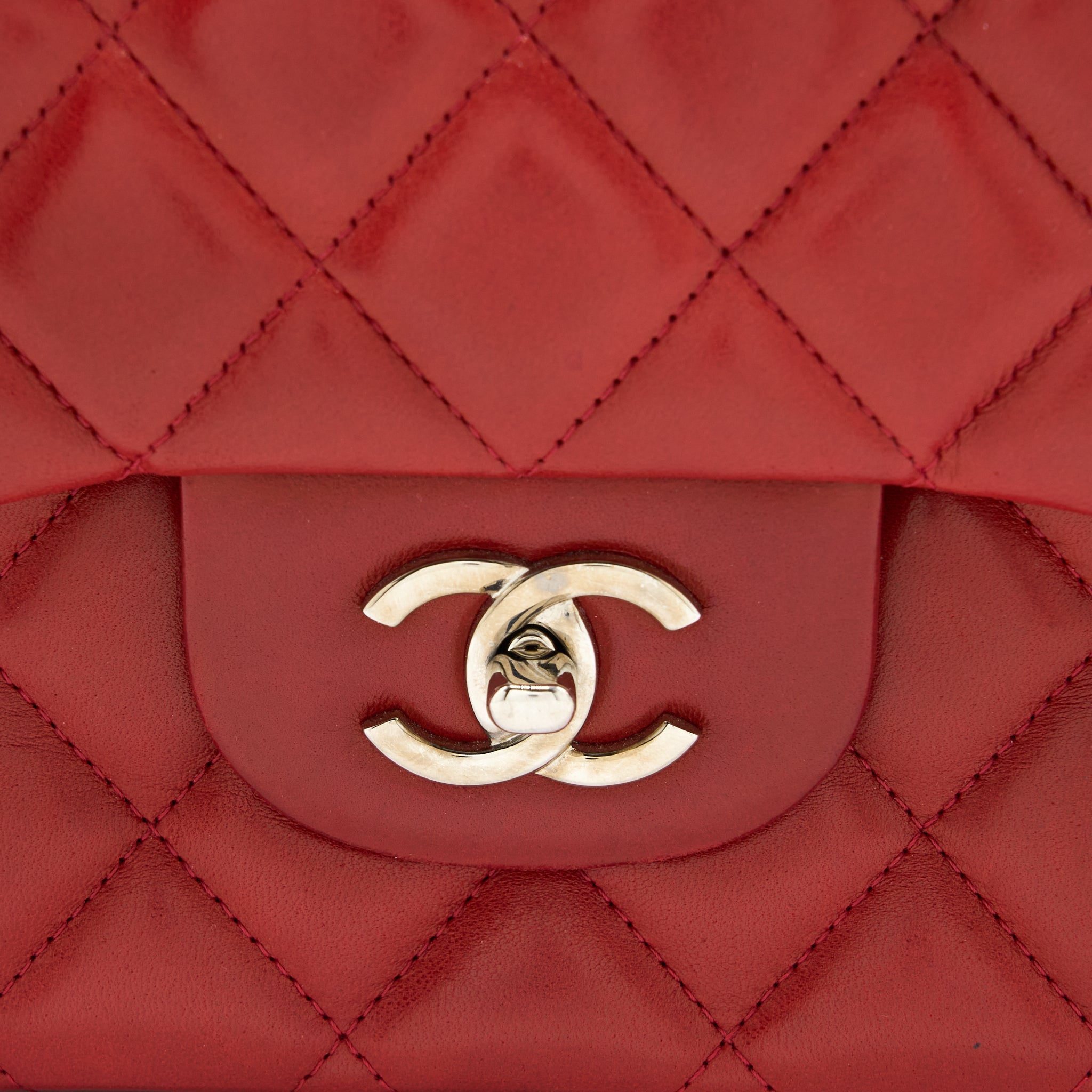 CHANEL CLASSIC JUMBO SINGLE FLAP BAG LAMBSKIN RED SHW