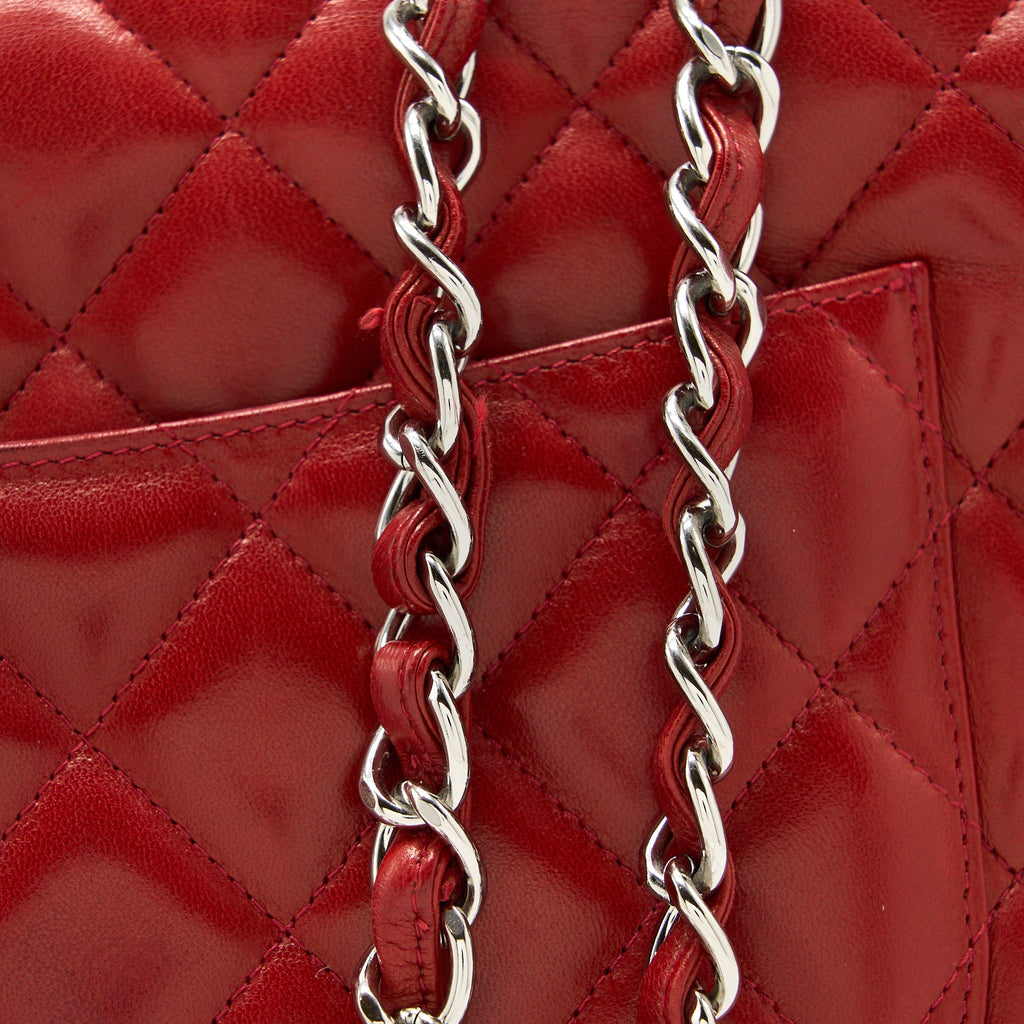 CHANEL CLASSIC JUMBO SINGLE FLAP BAG LAMBSKIN RED SHW