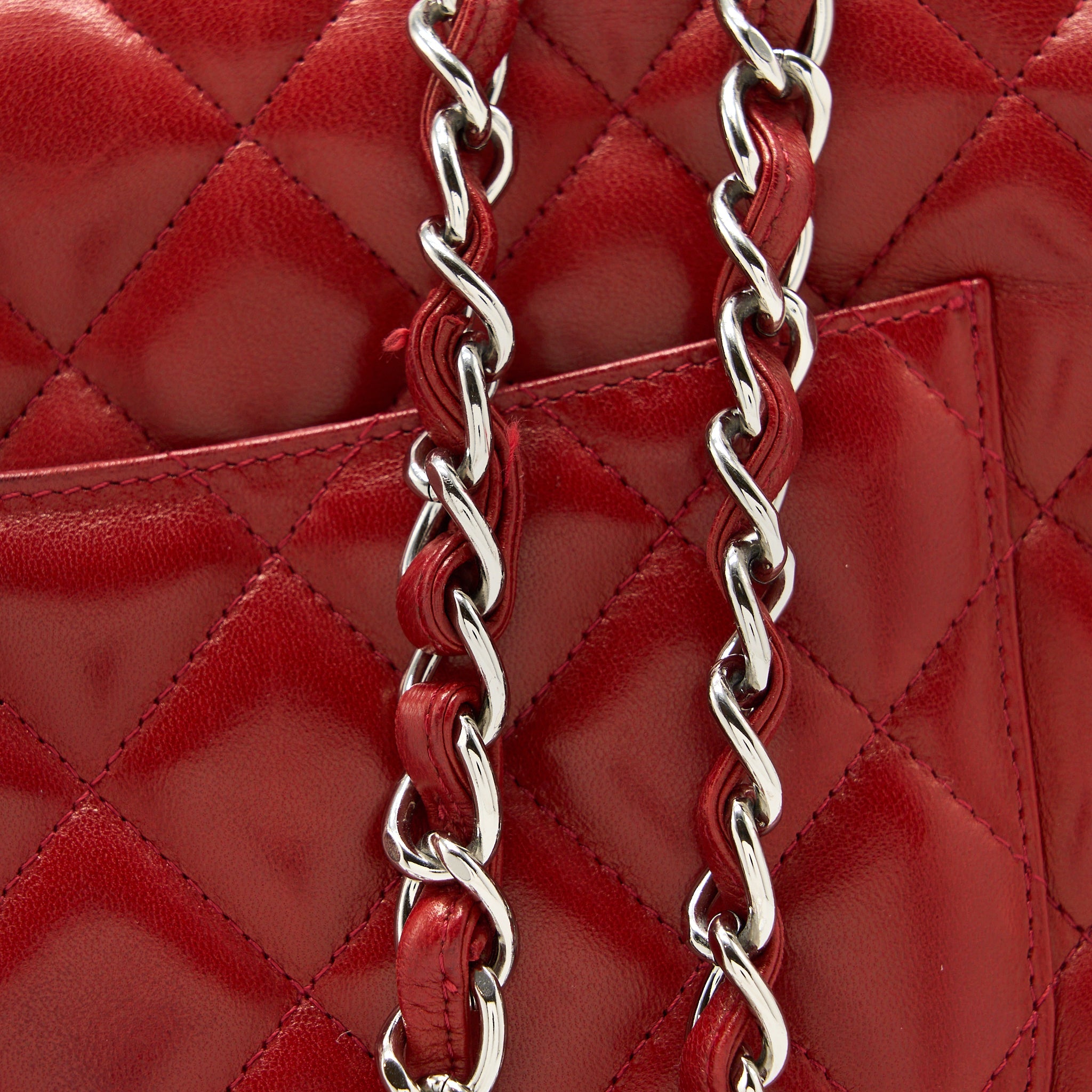 CHANEL CLASSIC JUMBO SINGLE FLAP BAG LAMBSKIN RED SHW