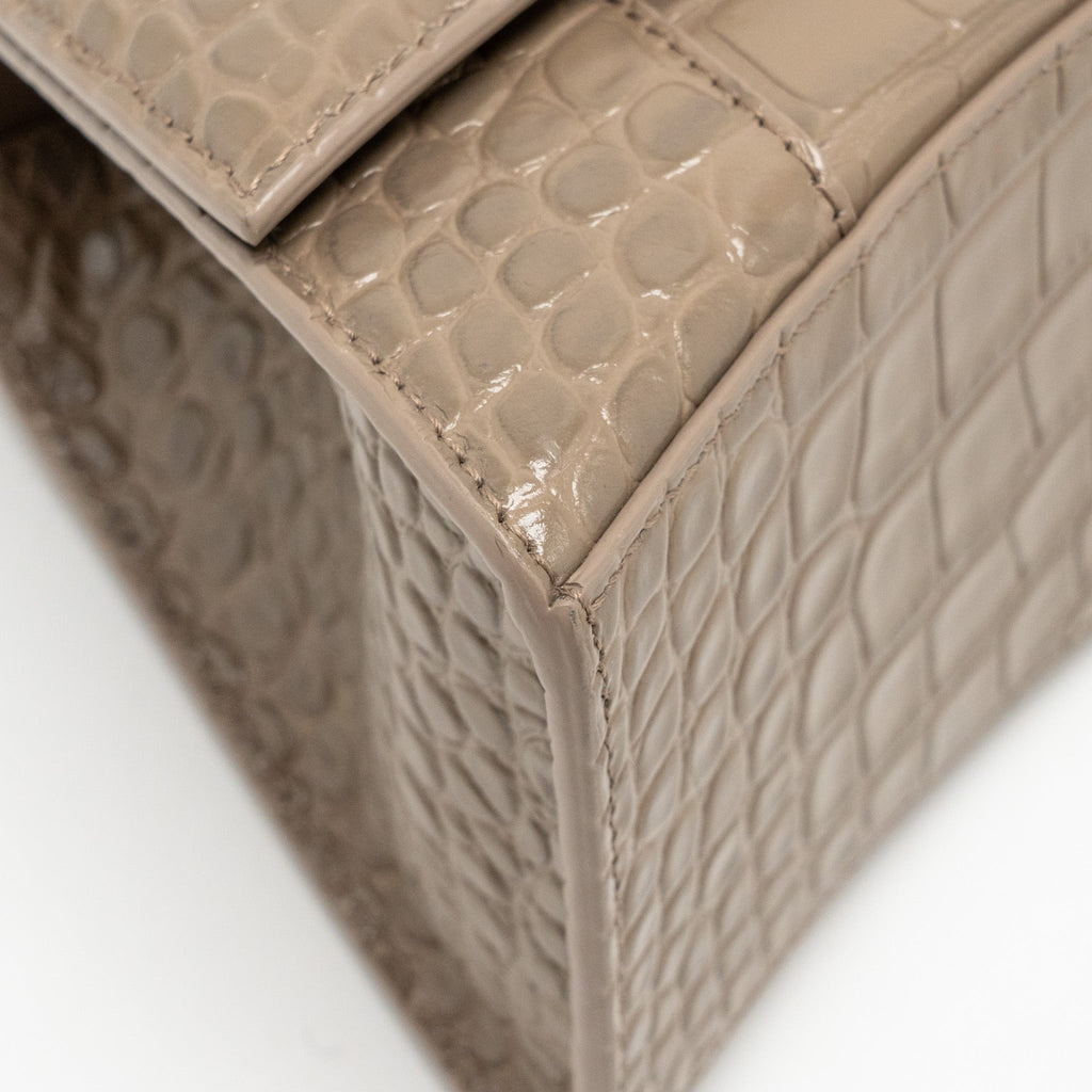 BALENCIAGA SMALL HOURGLASS BAG CROC-EMBOSSED CALFSKIN DARK BEIGE SHW